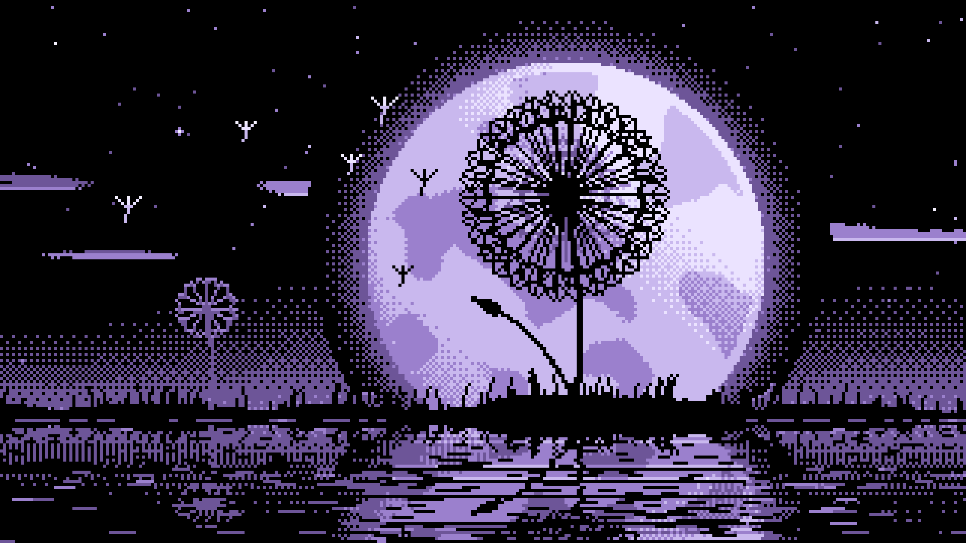 Lavender Pixel Art Dandelion and Full Moon desktop wallpaper in 4K