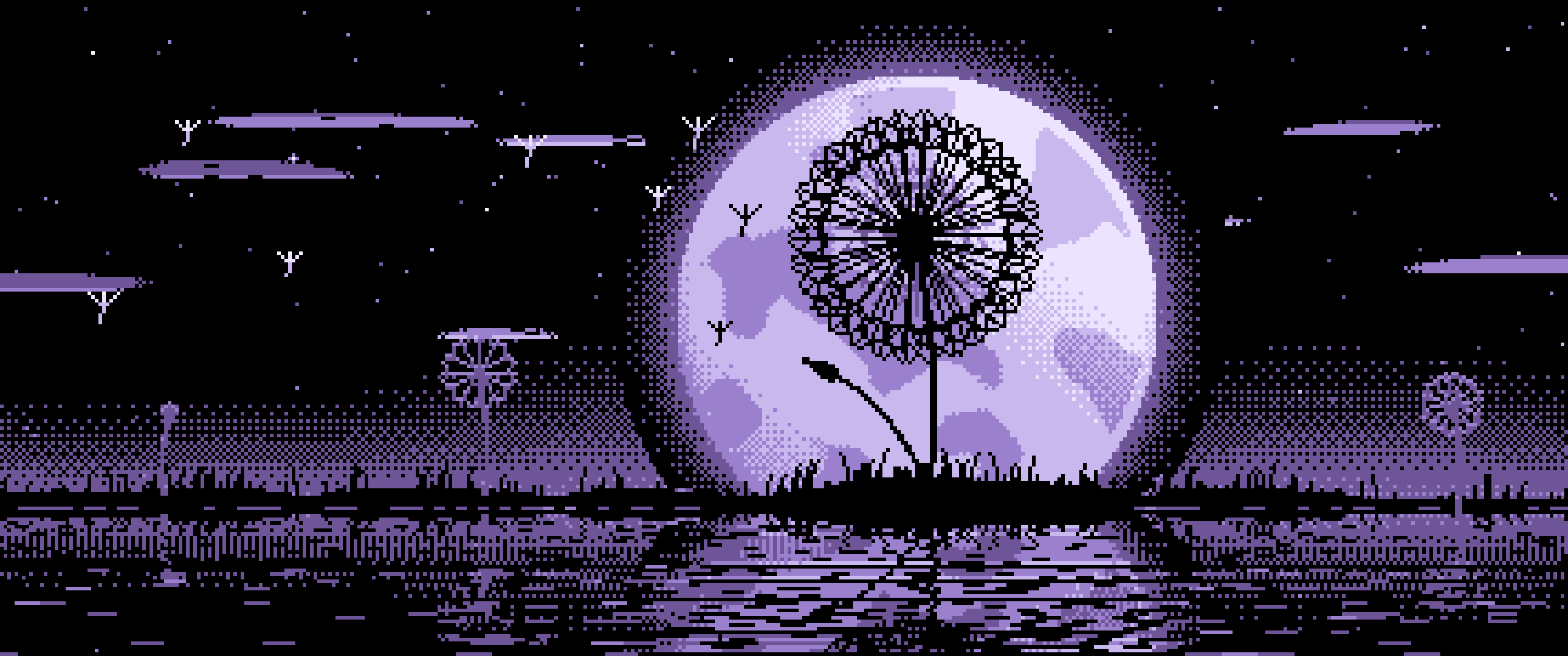 Lavender Pixel Art Dandelion and Full Moon ultrawide wallpaper, 3440 × 1440
