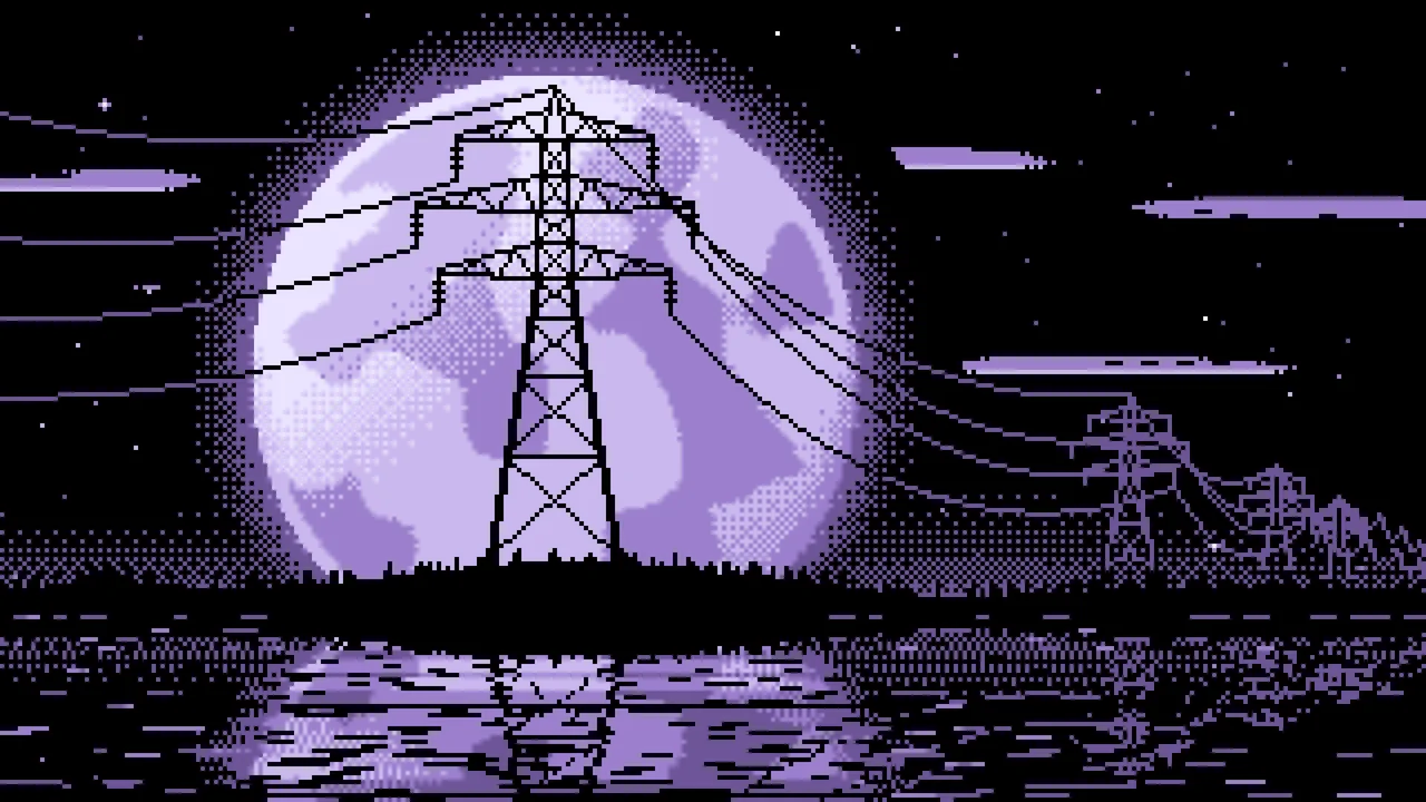 Lavender Pixel Art Electricity Pylon and Full Moon desktop wallpaper in 4K