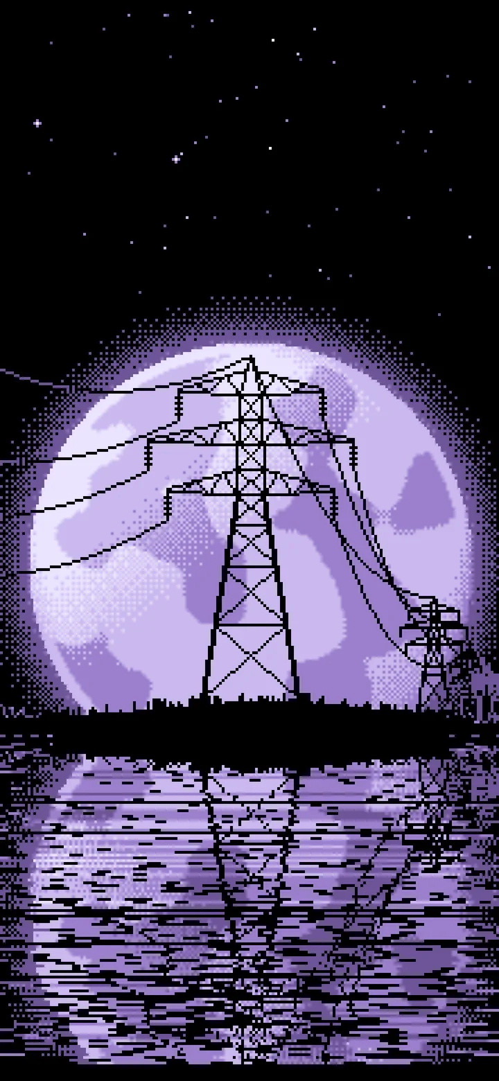 Lavender Pixel Art Electricity Pylon and Full Moon wallpaper for iPhone and Android