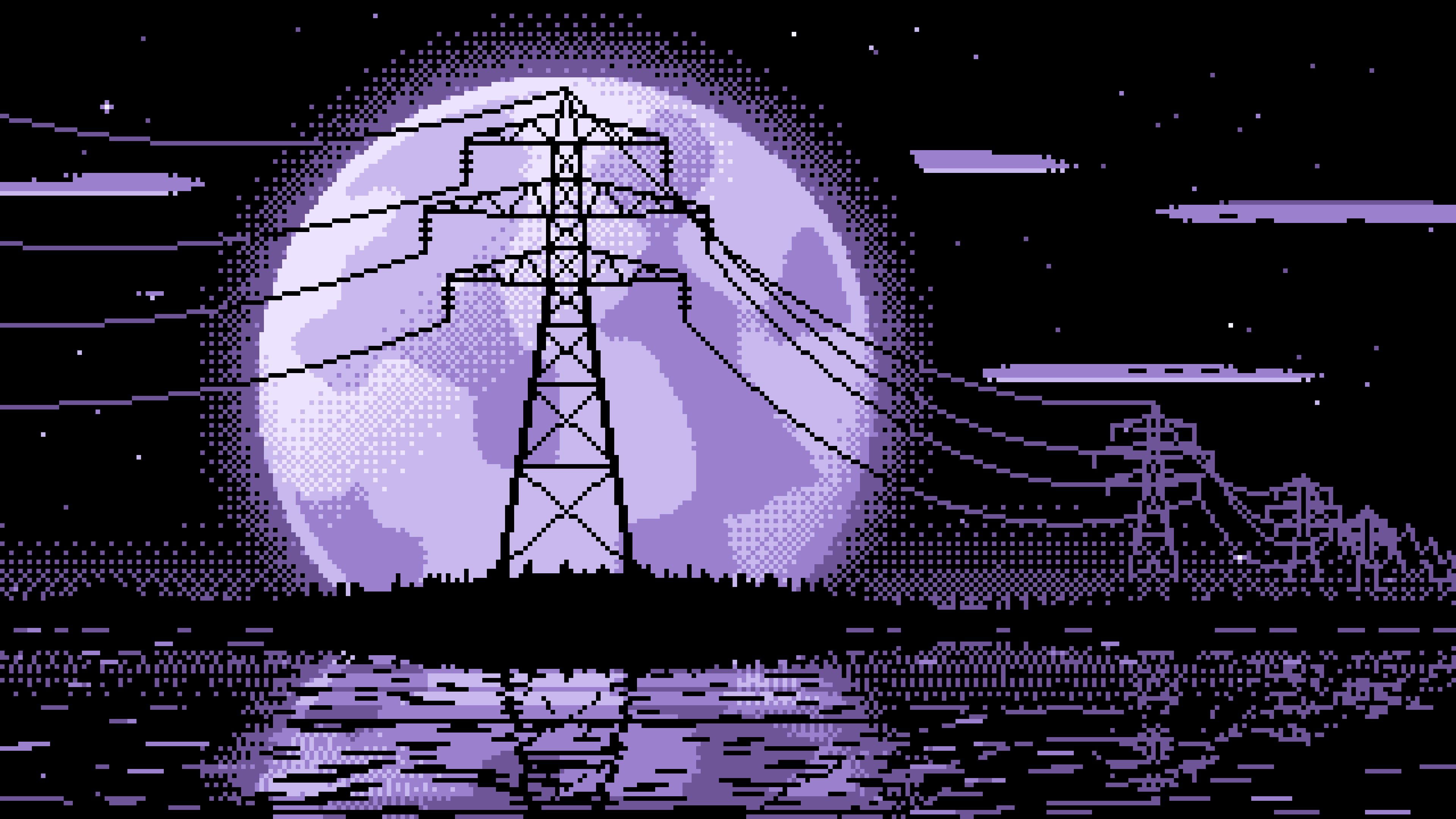Lavender Pixel Art Electricity Pylon and Full Moon desktop wallpaper in 4K