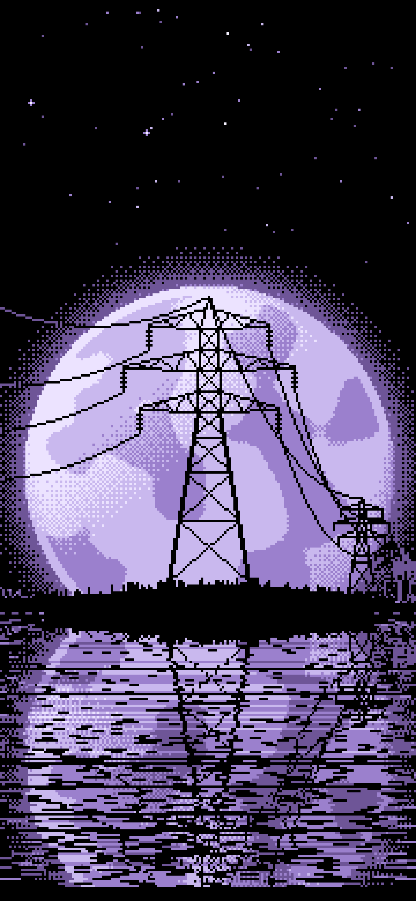 Lavender Pixel Art Electricity Pylon and Full Moon wallpaper for iPhone and Android