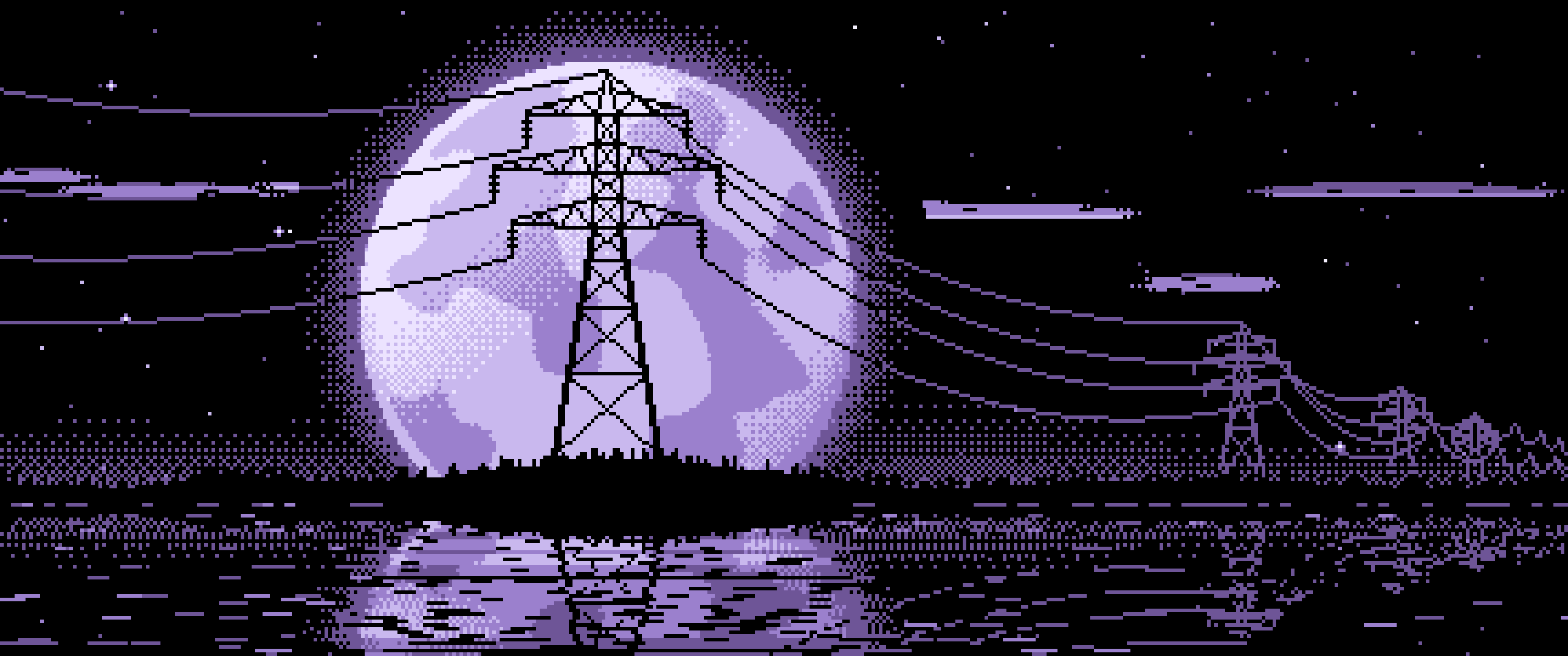 Lavender Pixel Art Electricity Pylon and Full Moon ultrawide wallpaper, 3440 × 1440