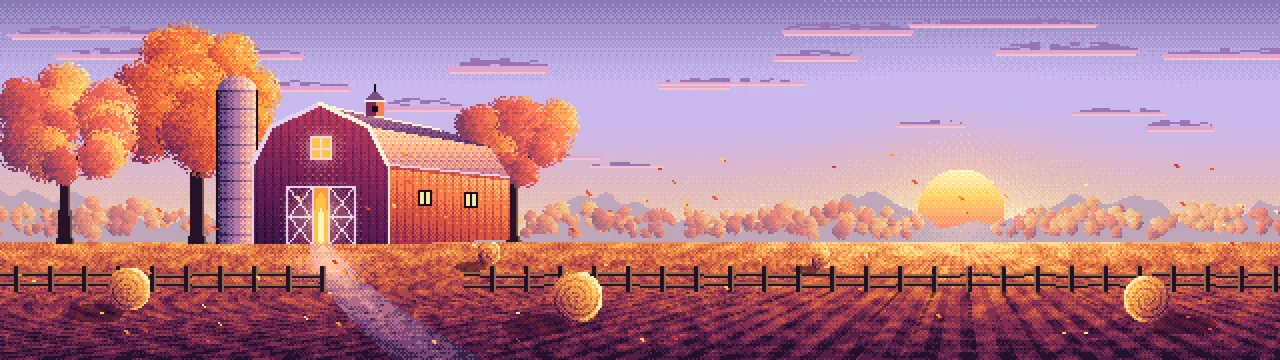 Lavender Pixel Art Fall Barn at Sunset dual monitor wallpaper, 7680 × 2160