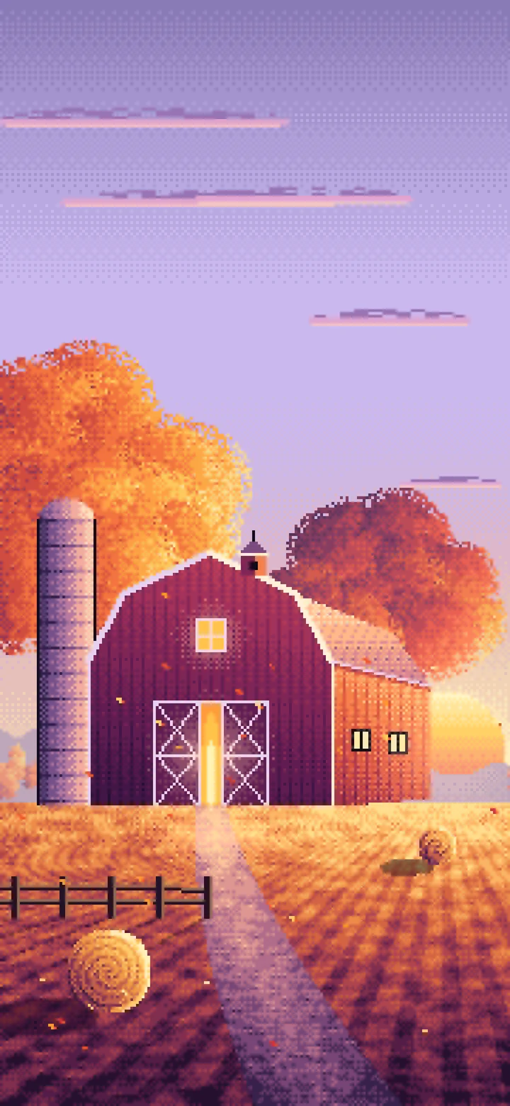 Lavender Pixel Art Fall Barn at Sunset wallpaper for iPhone and Android