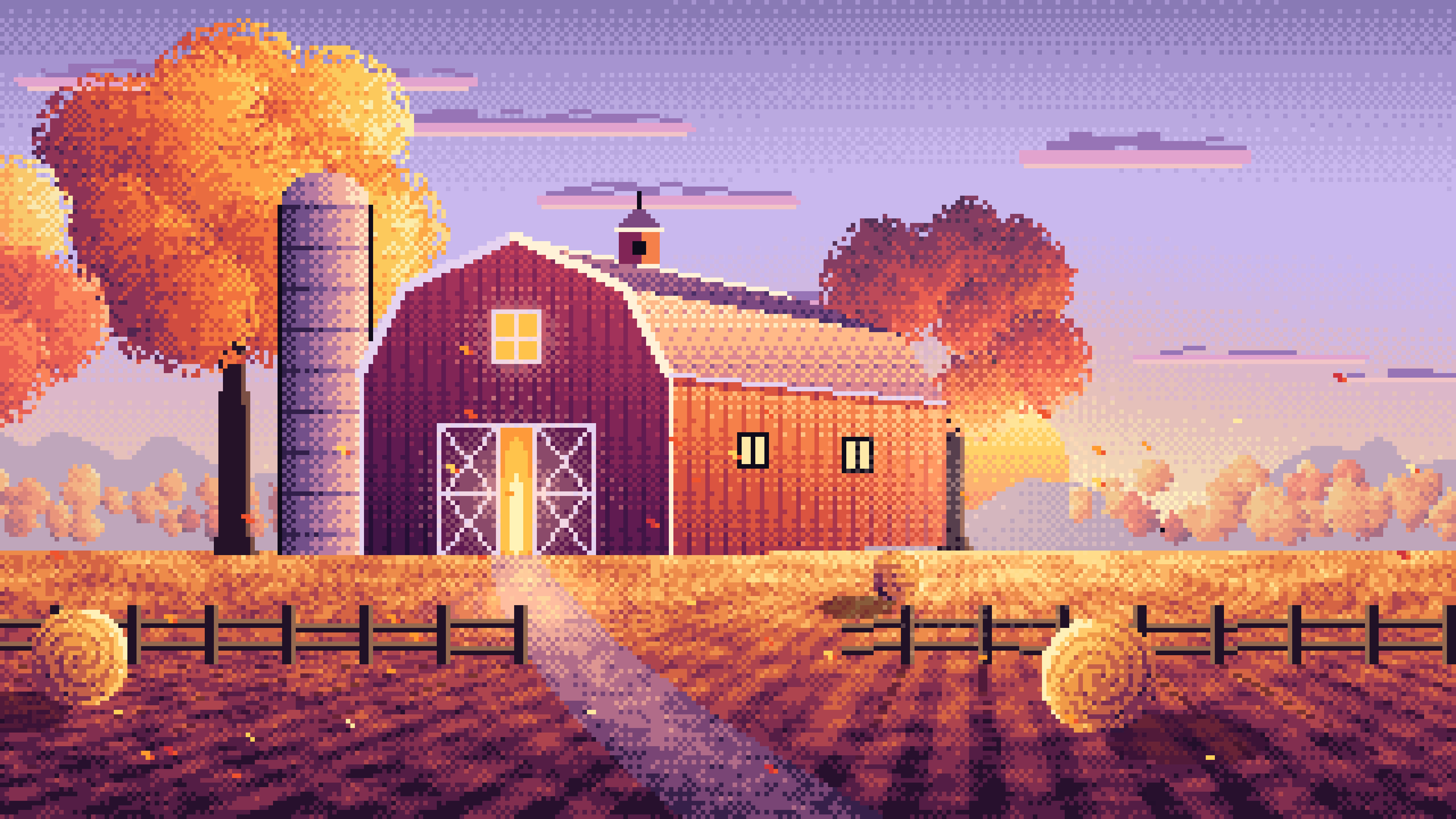 Lavender Pixel Art Fall Barn at Sunset desktop wallpaper in 4K