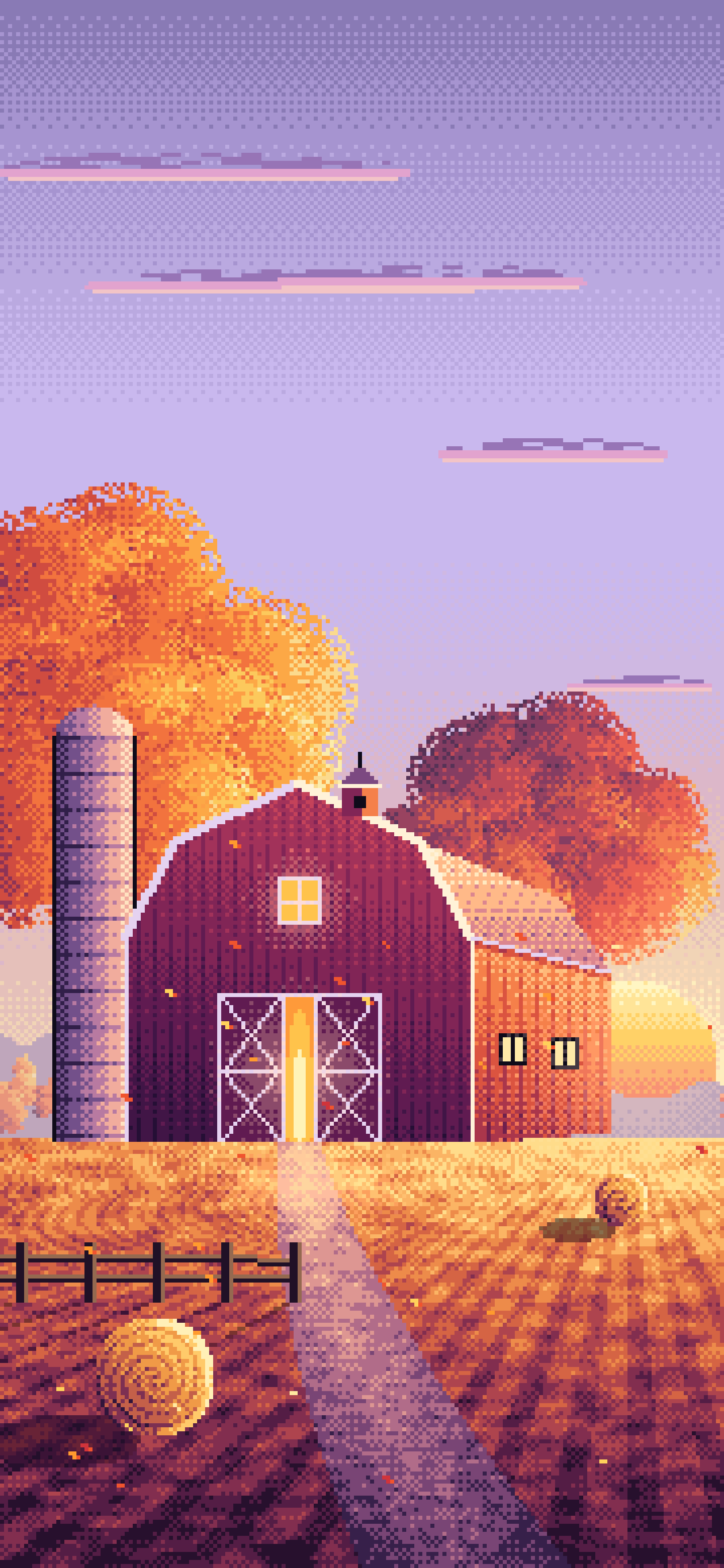 Lavender Pixel Art Fall Barn at Sunset wallpaper for iPhone and Android