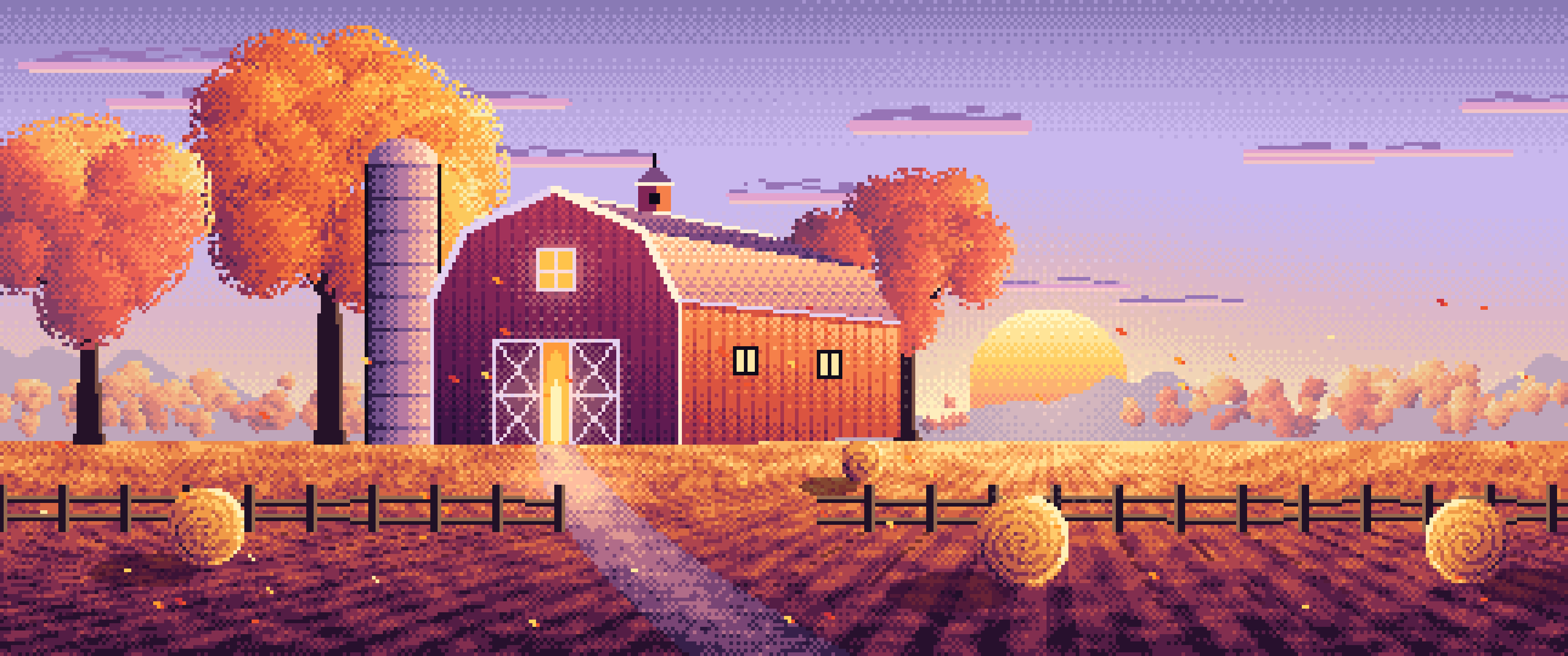 Lavender Pixel Art Fall Barn at Sunset ultrawide wallpaper, 3440 × 1440