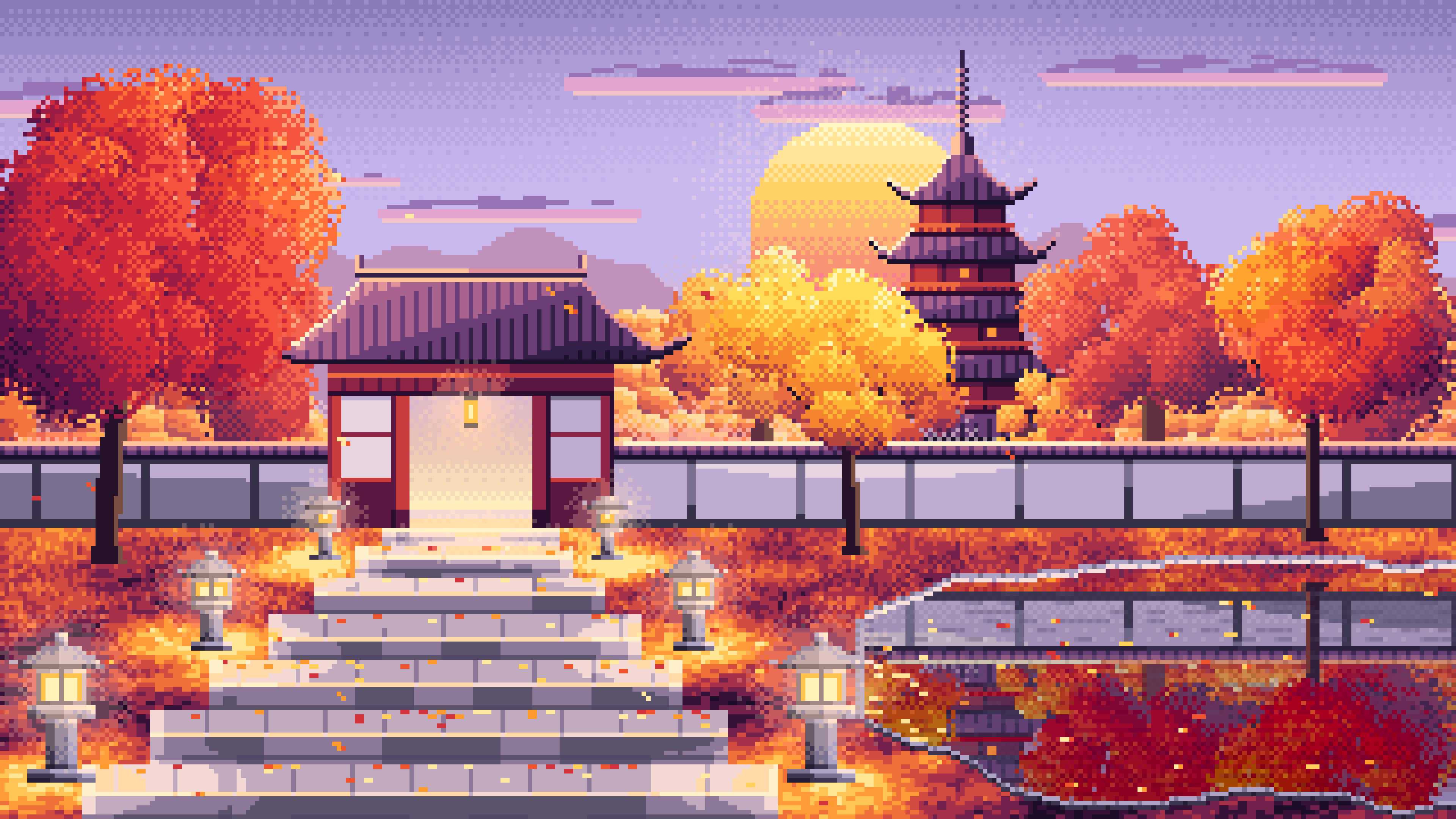 Lavender Pixel Art Fall Japanese Temple desktop wallpaper in 4K