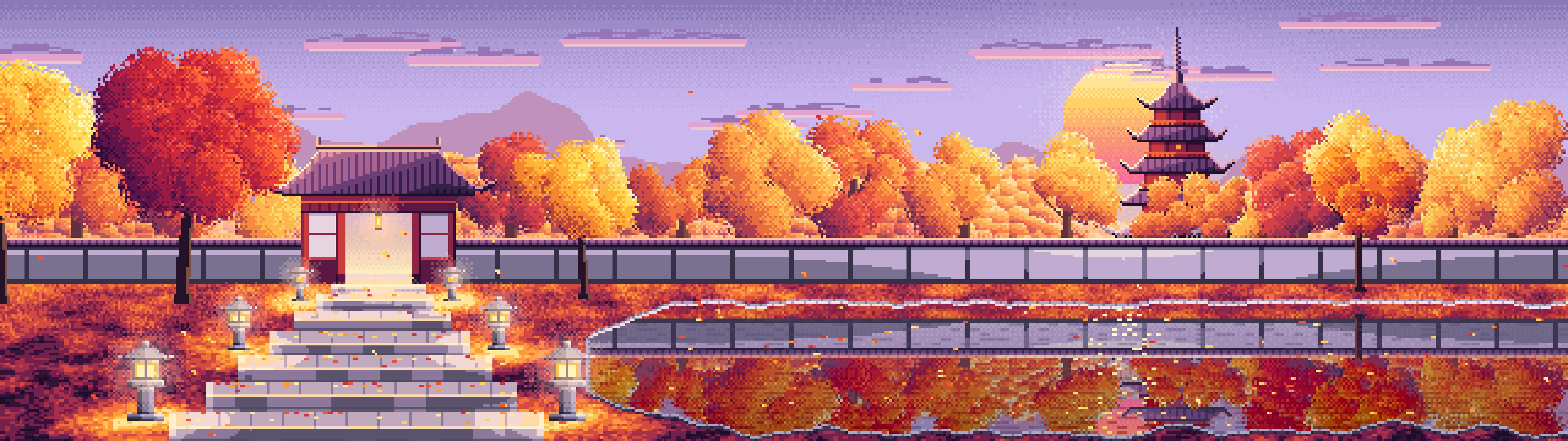 Lavender Pixel Art Fall Japanese Temple dual monitor wallpaper, 7680 × 2160