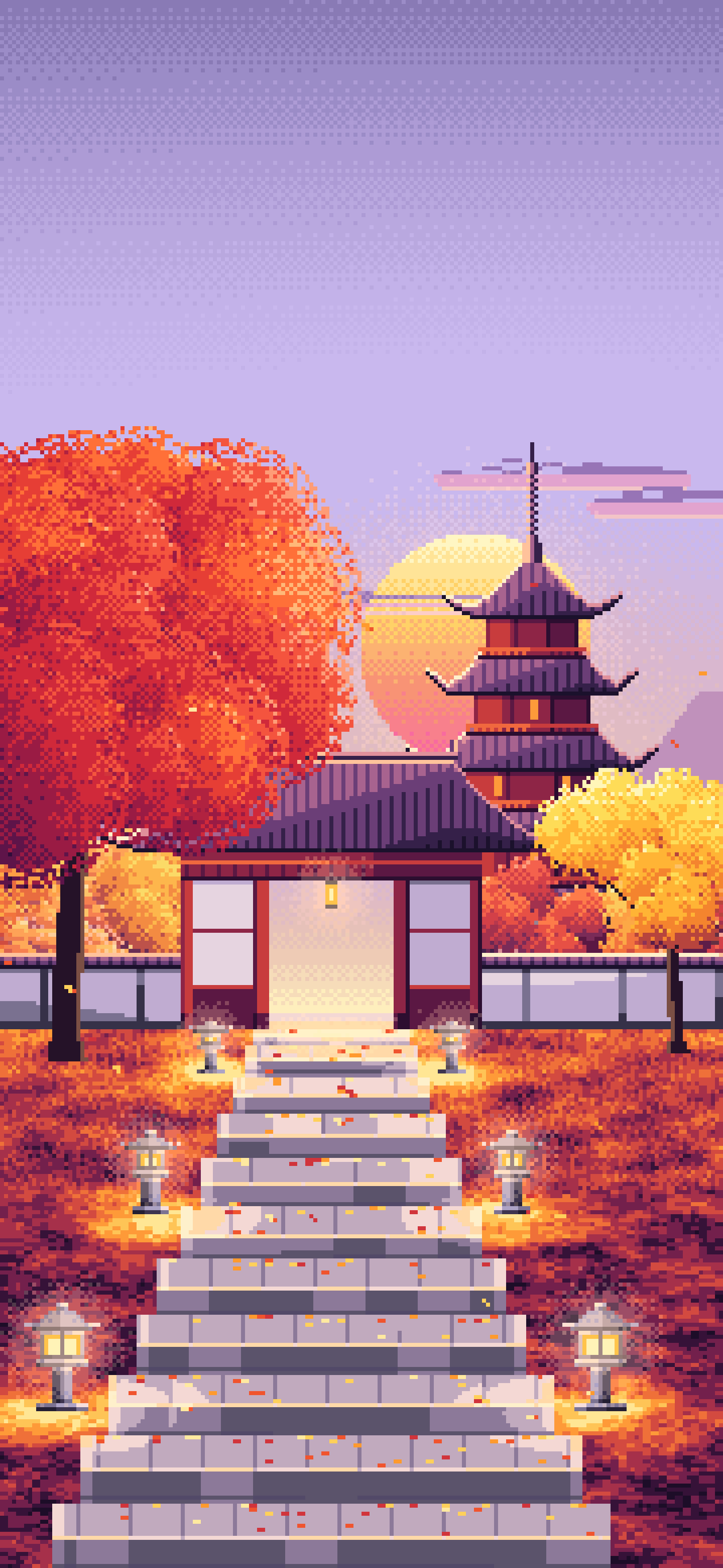 Lavender Pixel Art Fall Japanese Temple wallpaper for iPhone and Android