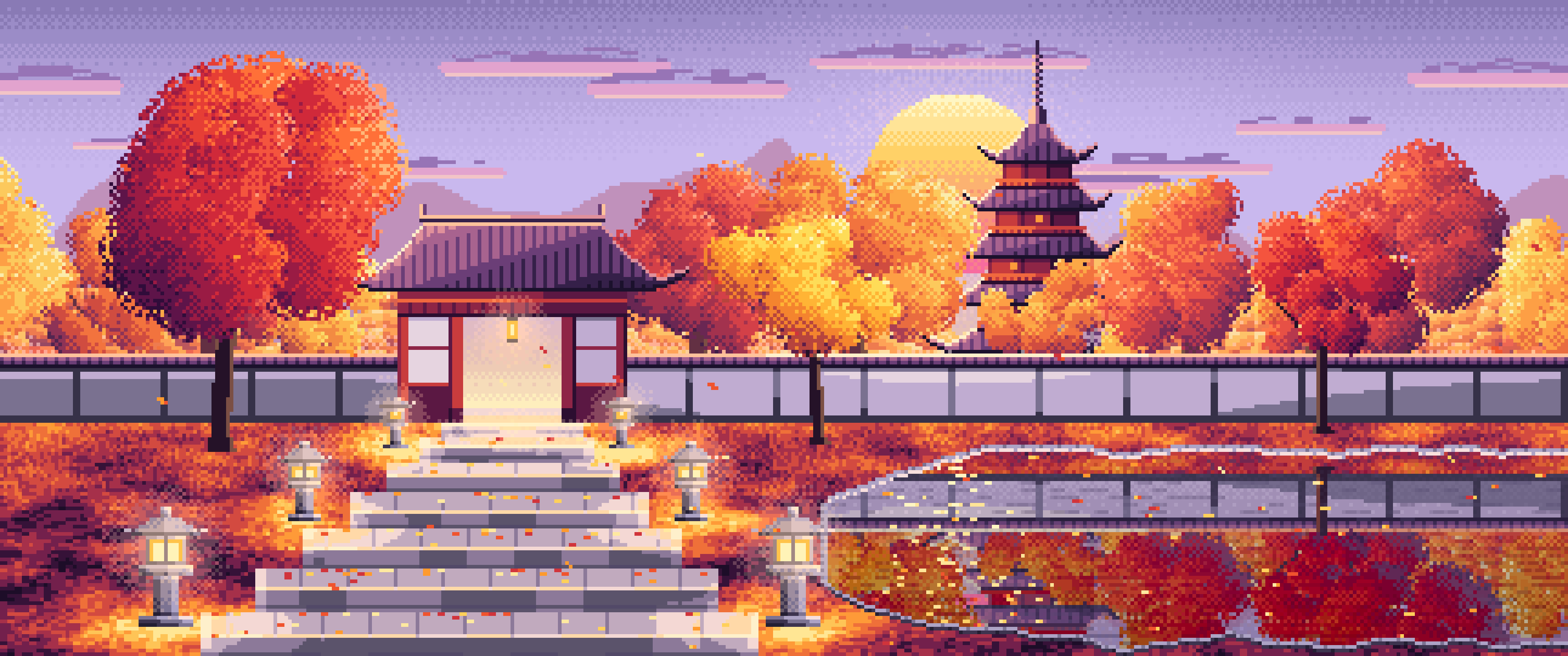 Lavender Pixel Art Fall Japanese Temple ultrawide wallpaper, 3440 × 1440