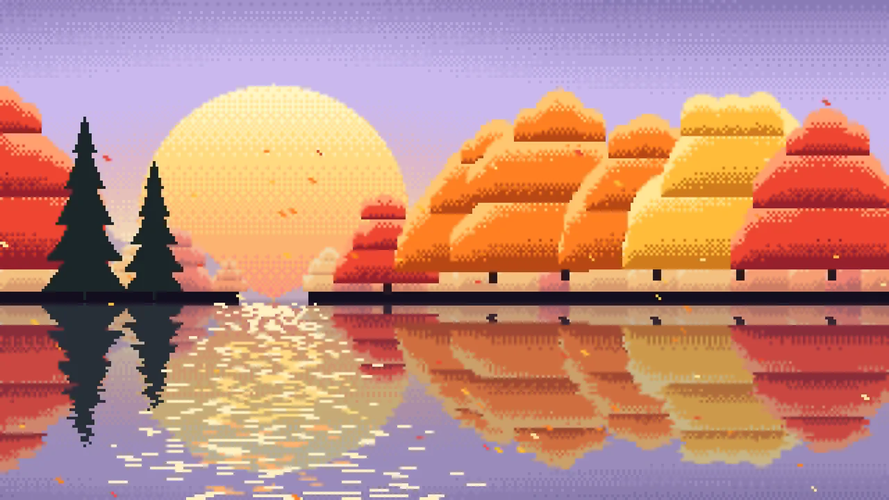 Lavender Pixel Art Fall Lake desktop wallpaper in 4K