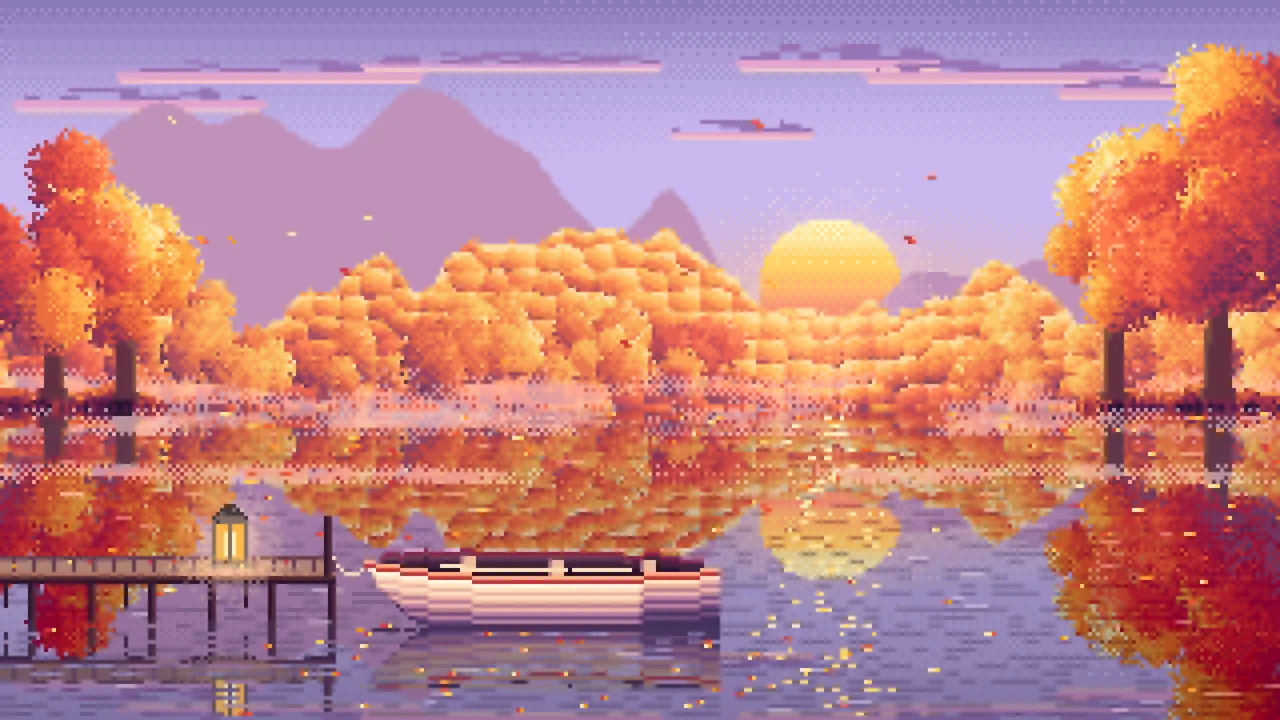 Lavender Pixel Art Fall Lake Rowboat desktop wallpaper in 4K