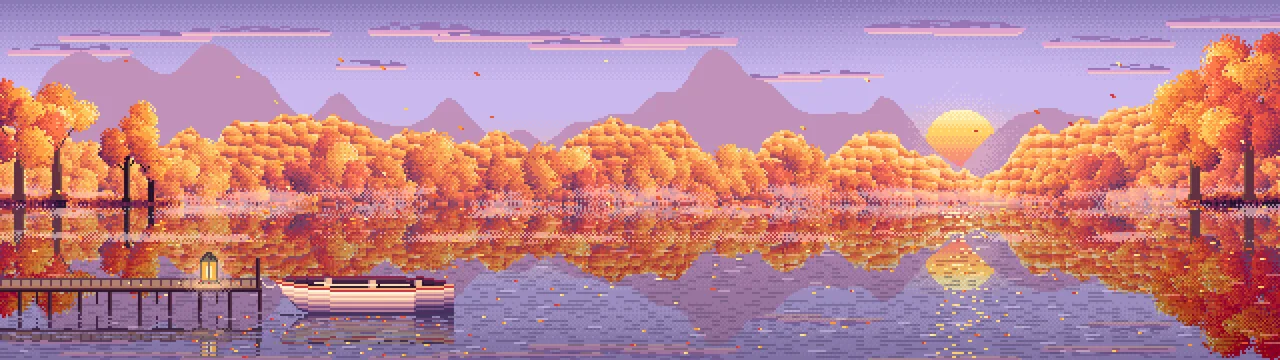 Lavender Pixel Art Fall Lake Rowboat dual monitor wallpaper, 7680 × 2160