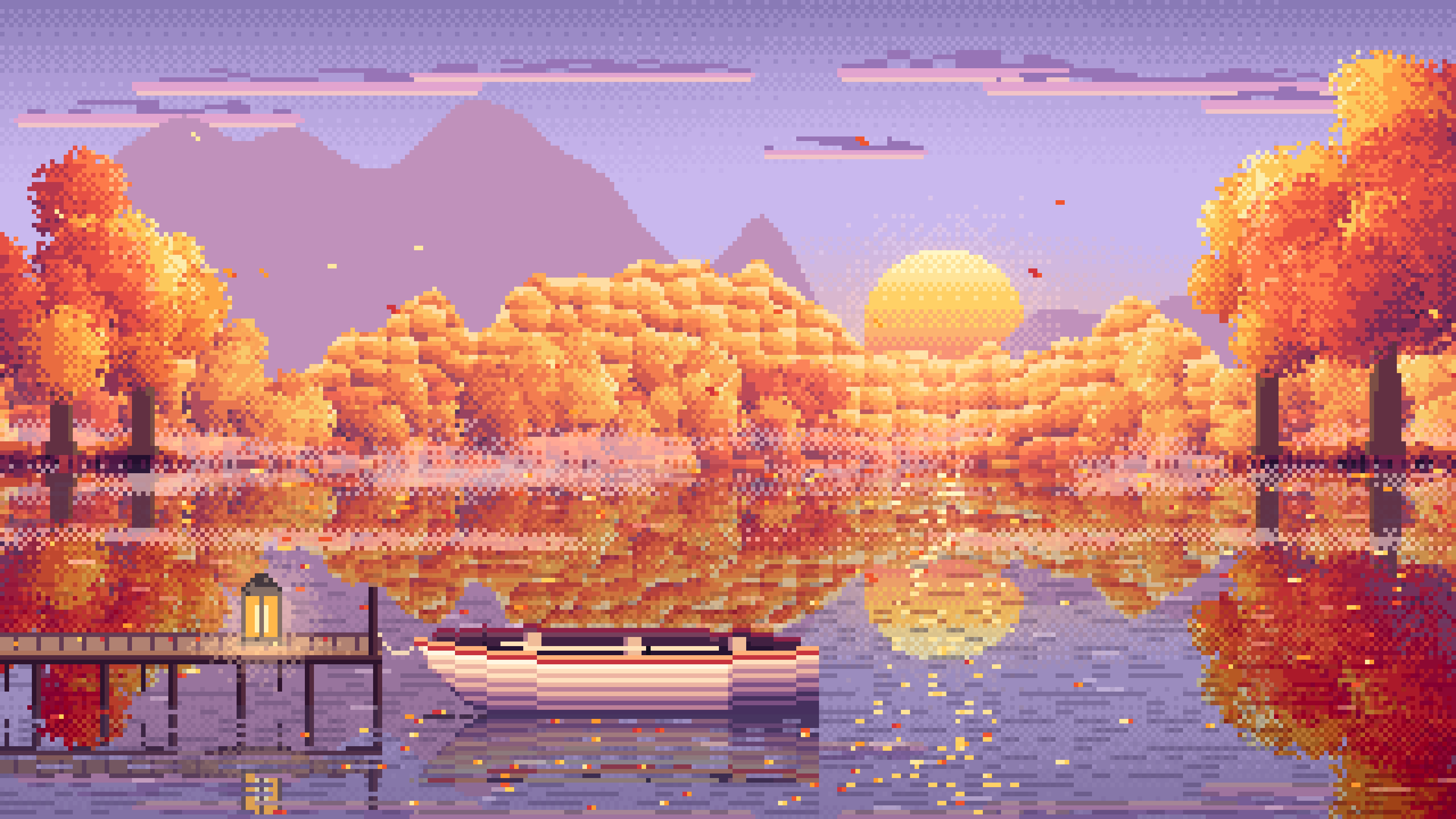 Lavender Pixel Art Fall Lake Rowboat desktop wallpaper in 4K