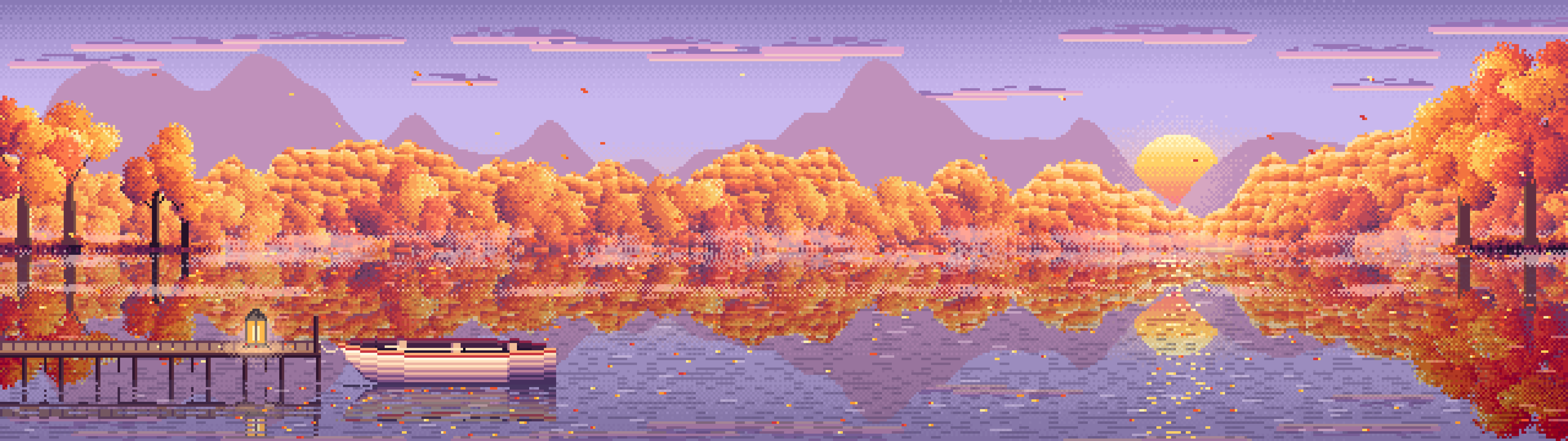Lavender Pixel Art Fall Lake Rowboat dual monitor wallpaper, 7680 × 2160