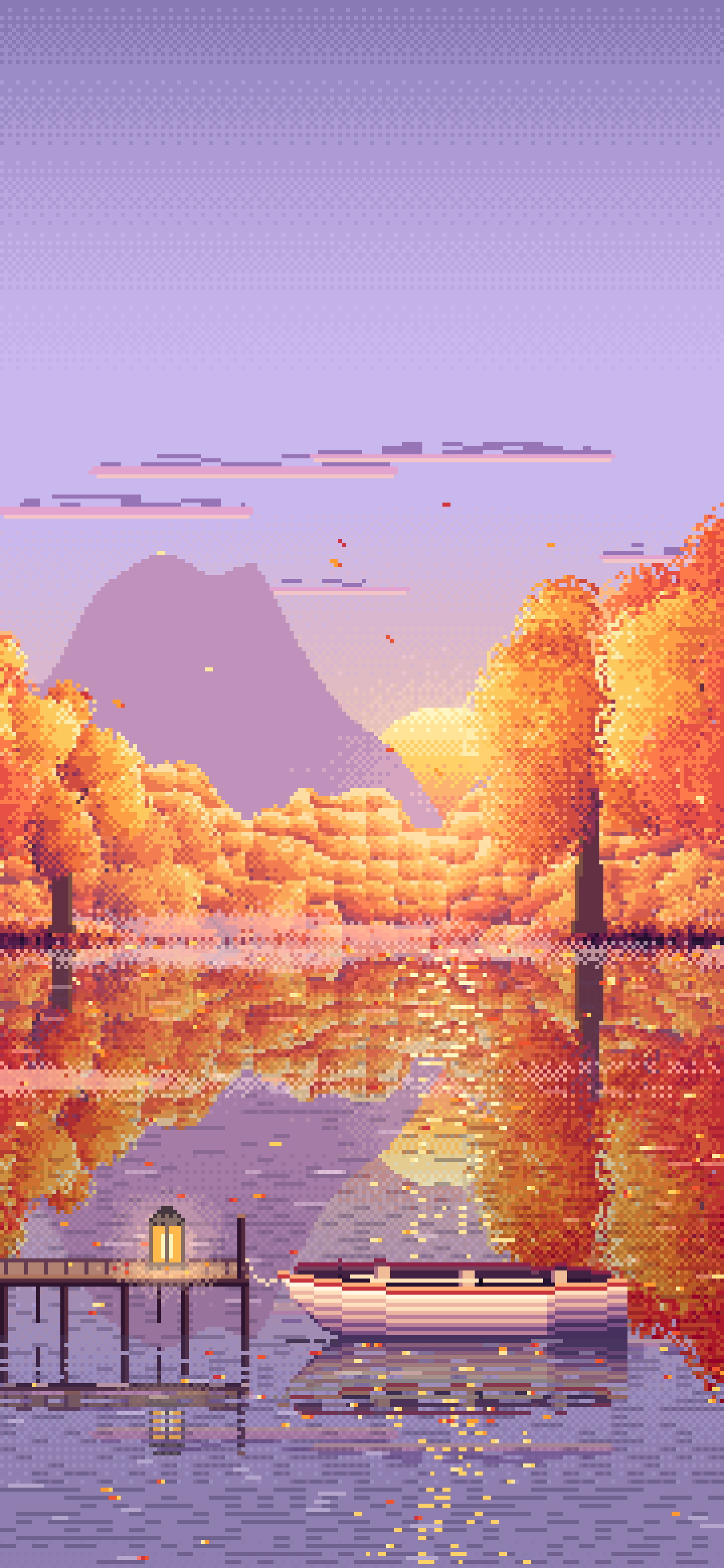 Lavender Pixel Art Fall Lake Rowboat wallpaper for iPhone and Android