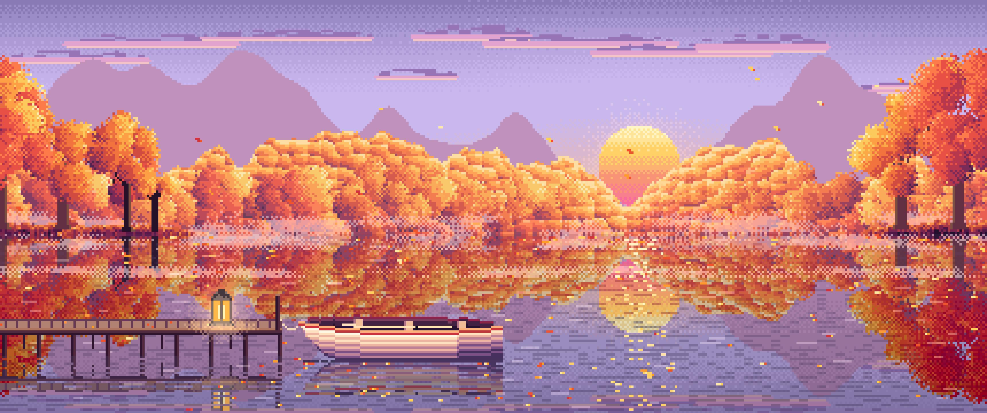 Lavender Pixel Art Fall Lake Rowboat ultrawide wallpaper, 3440 × 1440