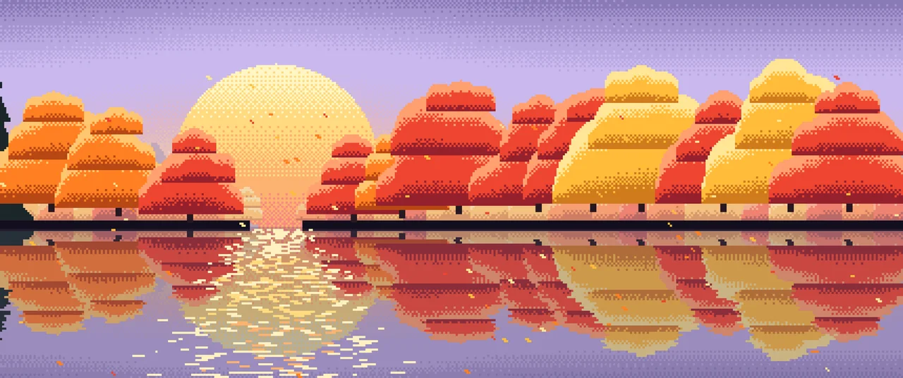 Lavender Pixel Art Fall Lake ultrawide wallpaper, 3440 × 1440