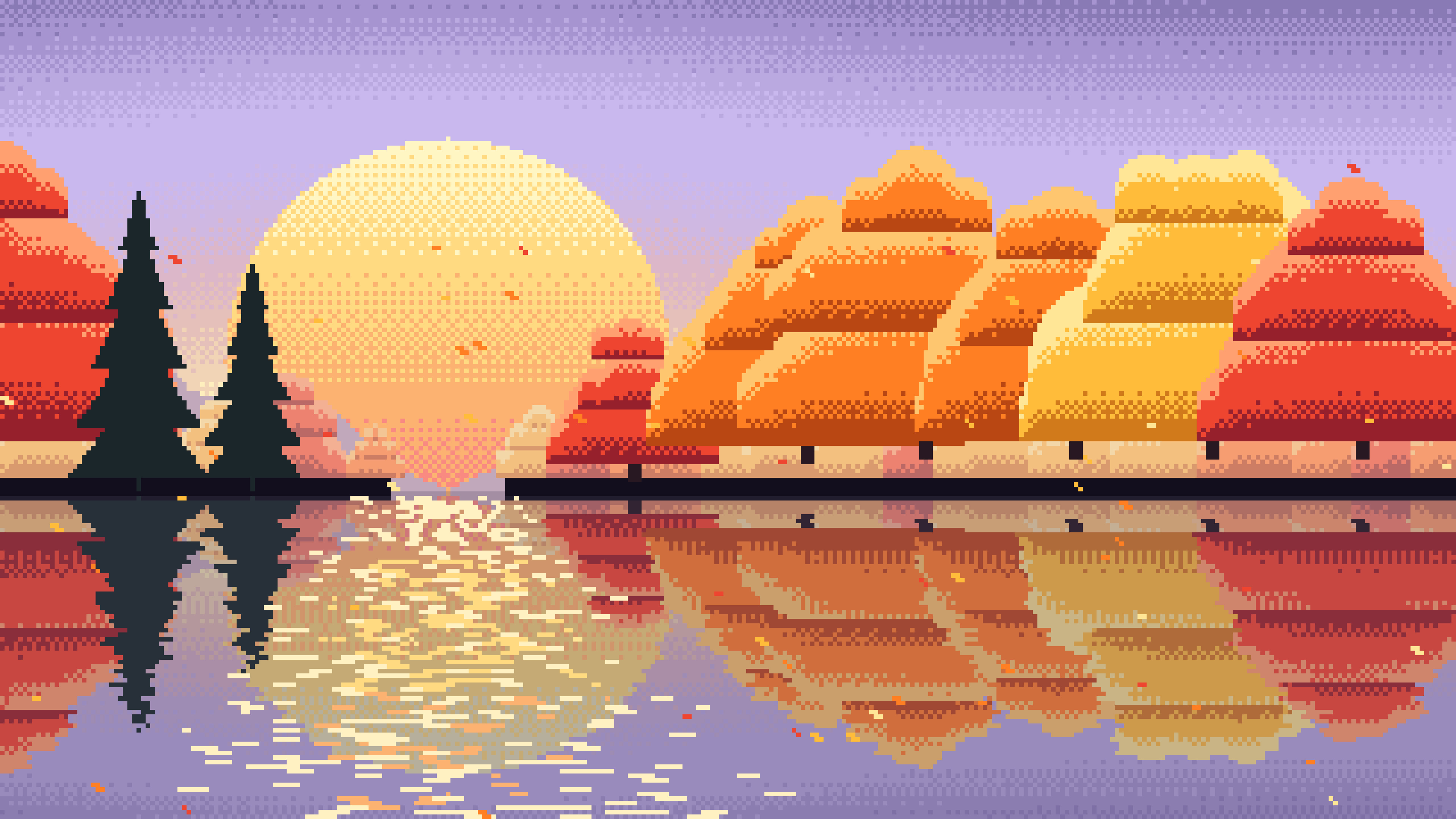 Lavender Pixel Art Fall Lake desktop wallpaper in 4K