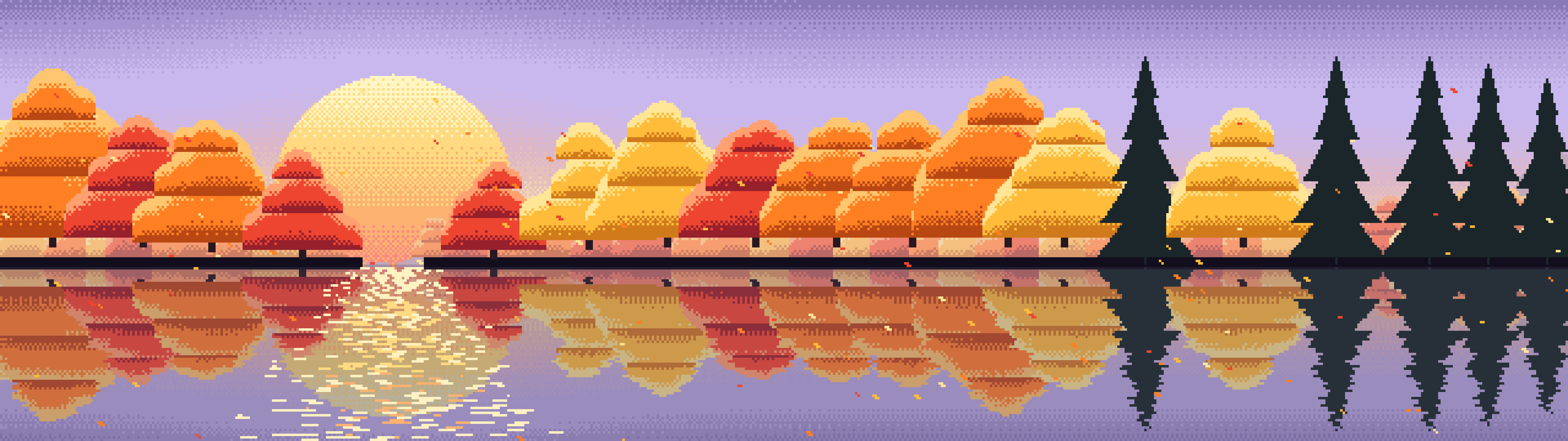 Lavender Pixel Art Fall Lake dual monitor wallpaper, 7680 × 2160