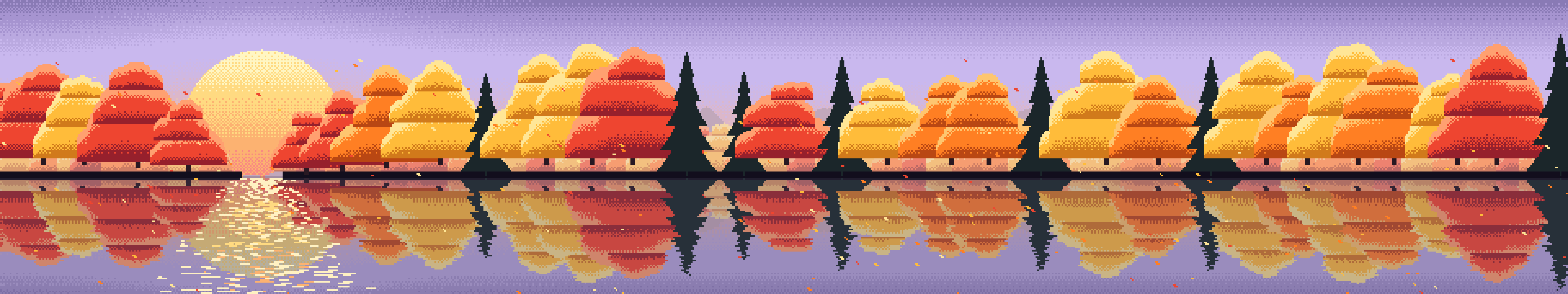 Lavender Pixel Art Fall Lake triple monitor wallpaper, 7680 × 1440