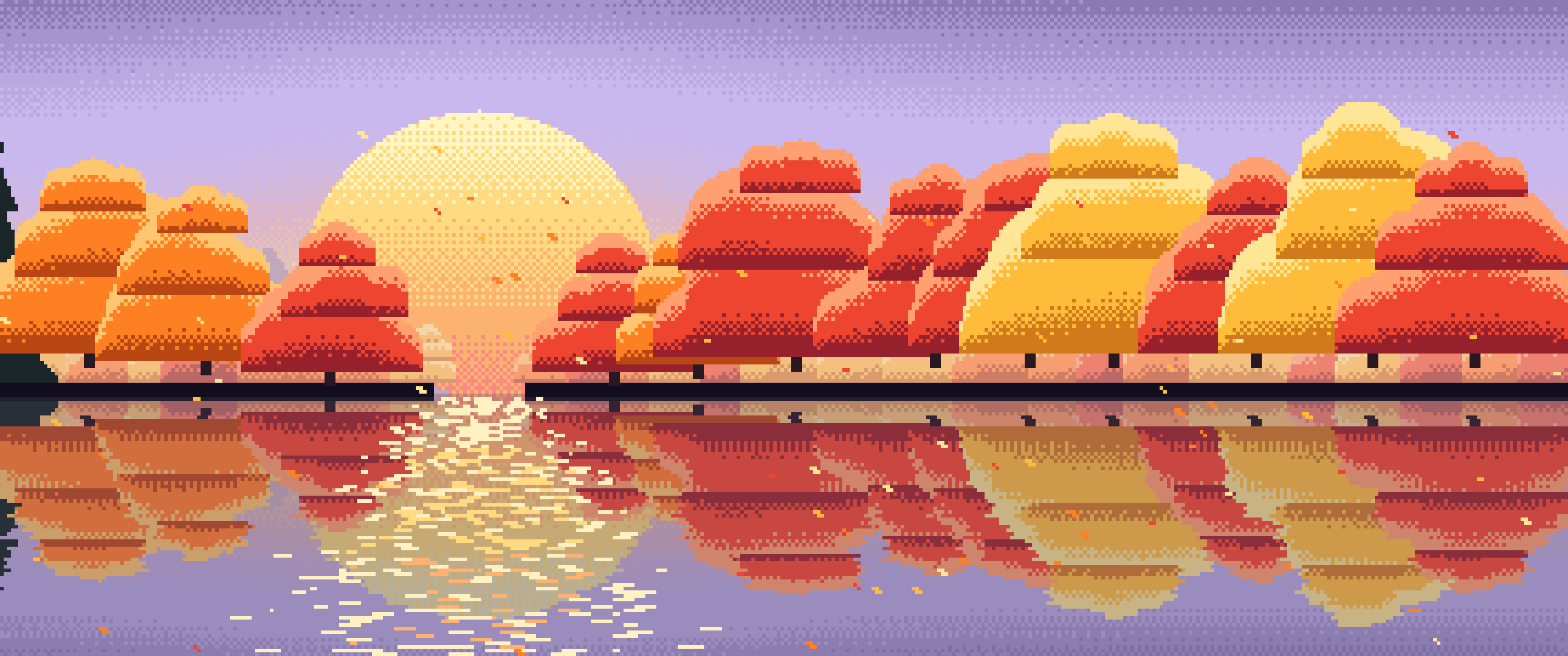 Lavender Pixel Art Fall Lake ultrawide wallpaper, 3440 × 1440