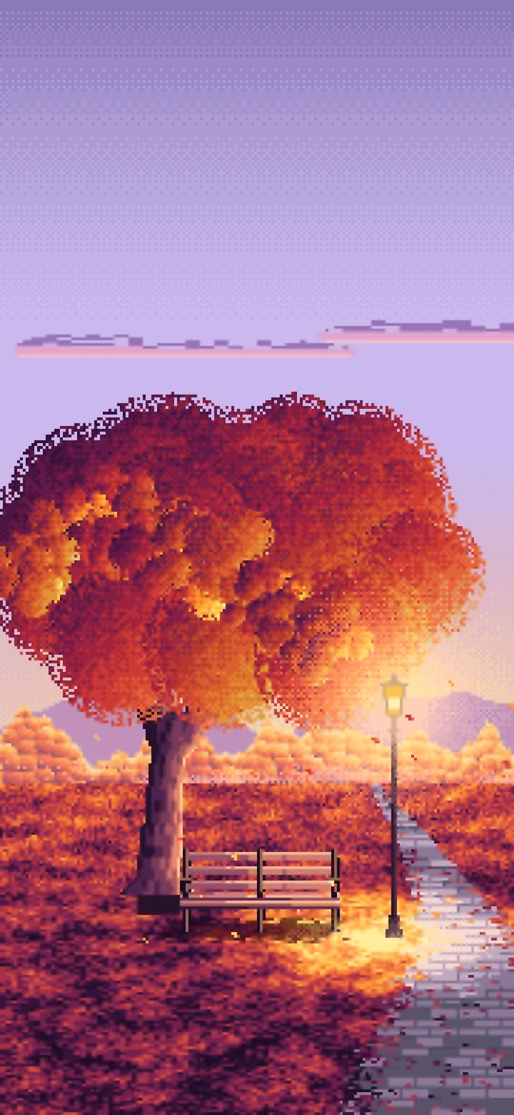 Lavender Pixel Art Fall Park Bench wallpaper for iPhone and Android