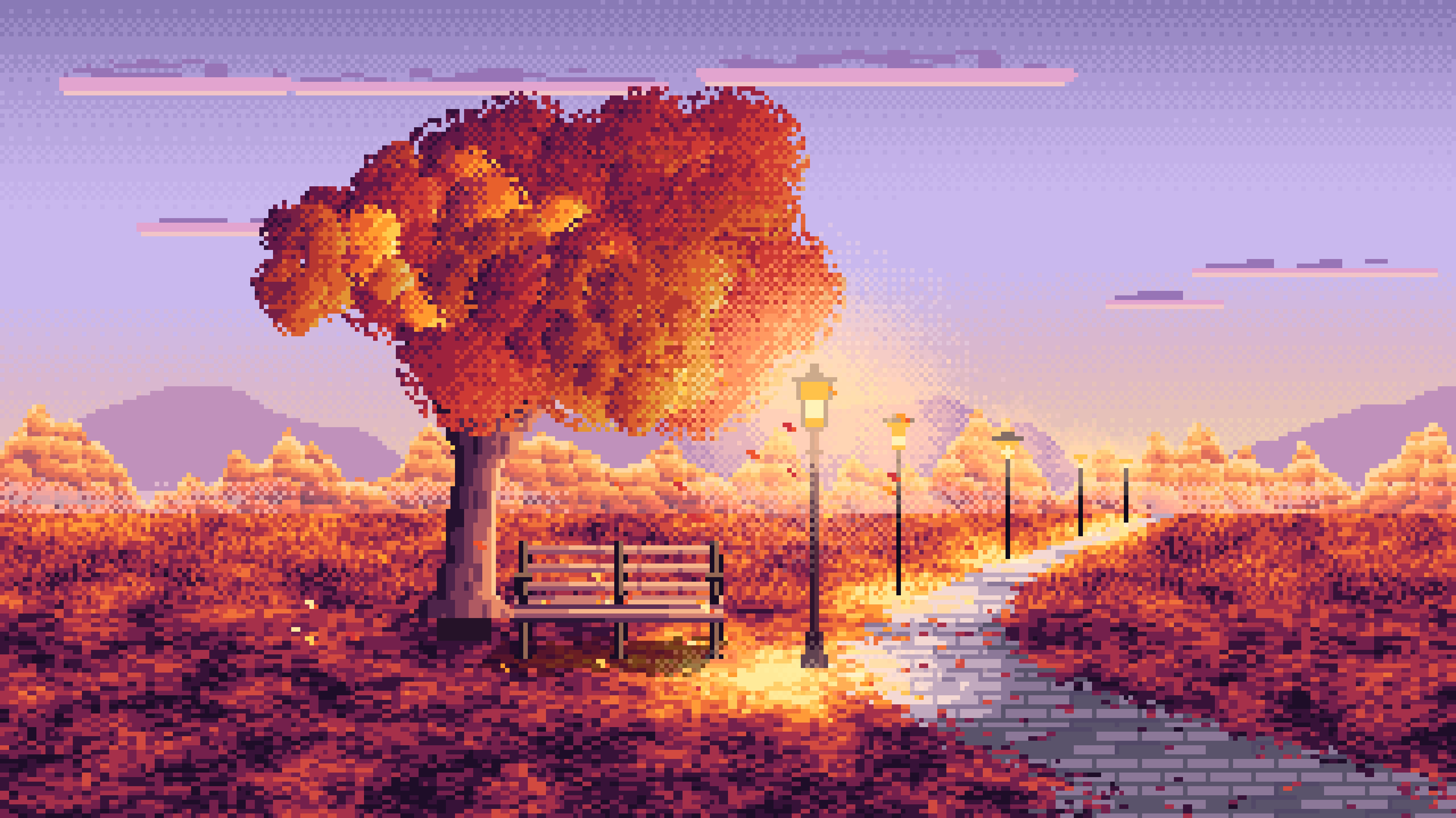 Lavender Pixel Art Fall Park Bench desktop wallpaper in 4K