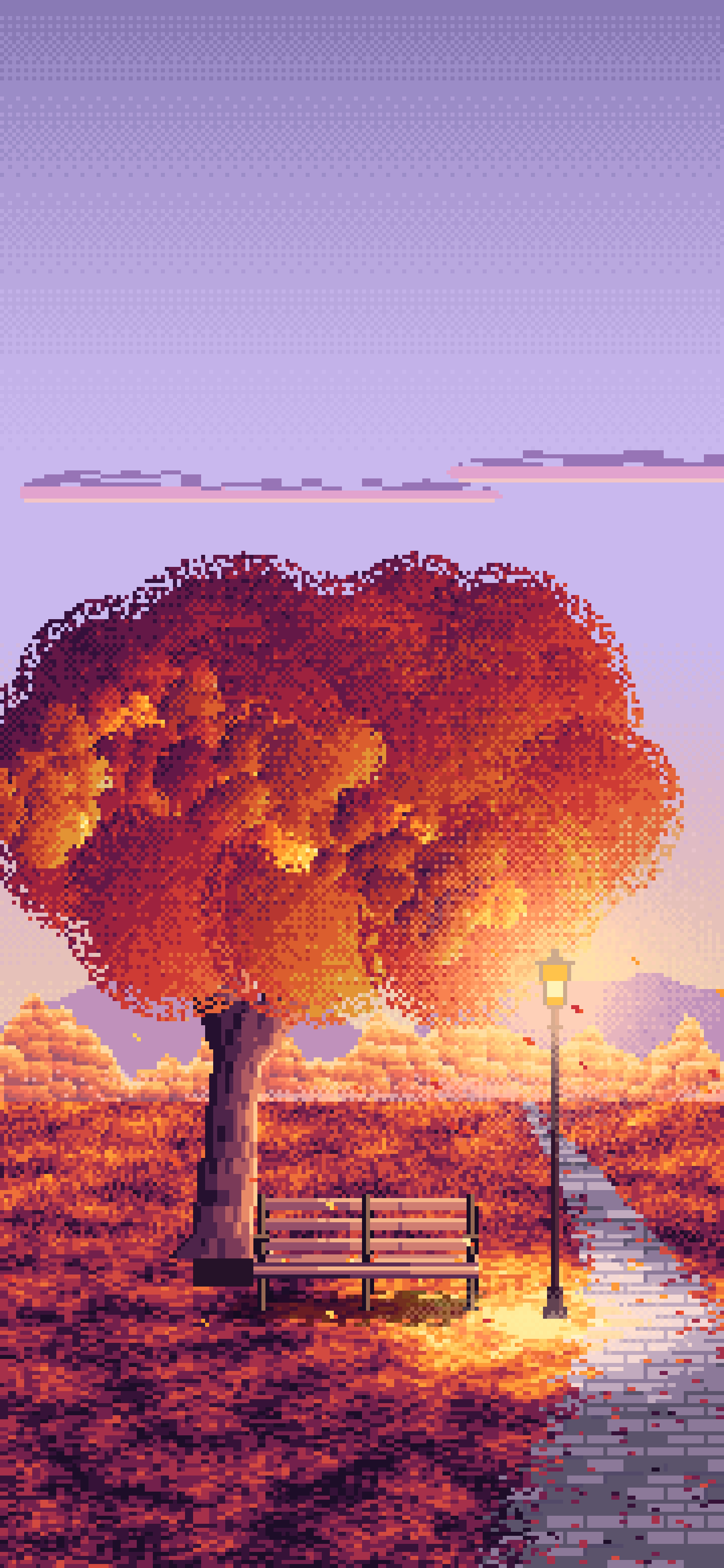Lavender Pixel Art Fall Park Bench wallpaper for iPhone and Android