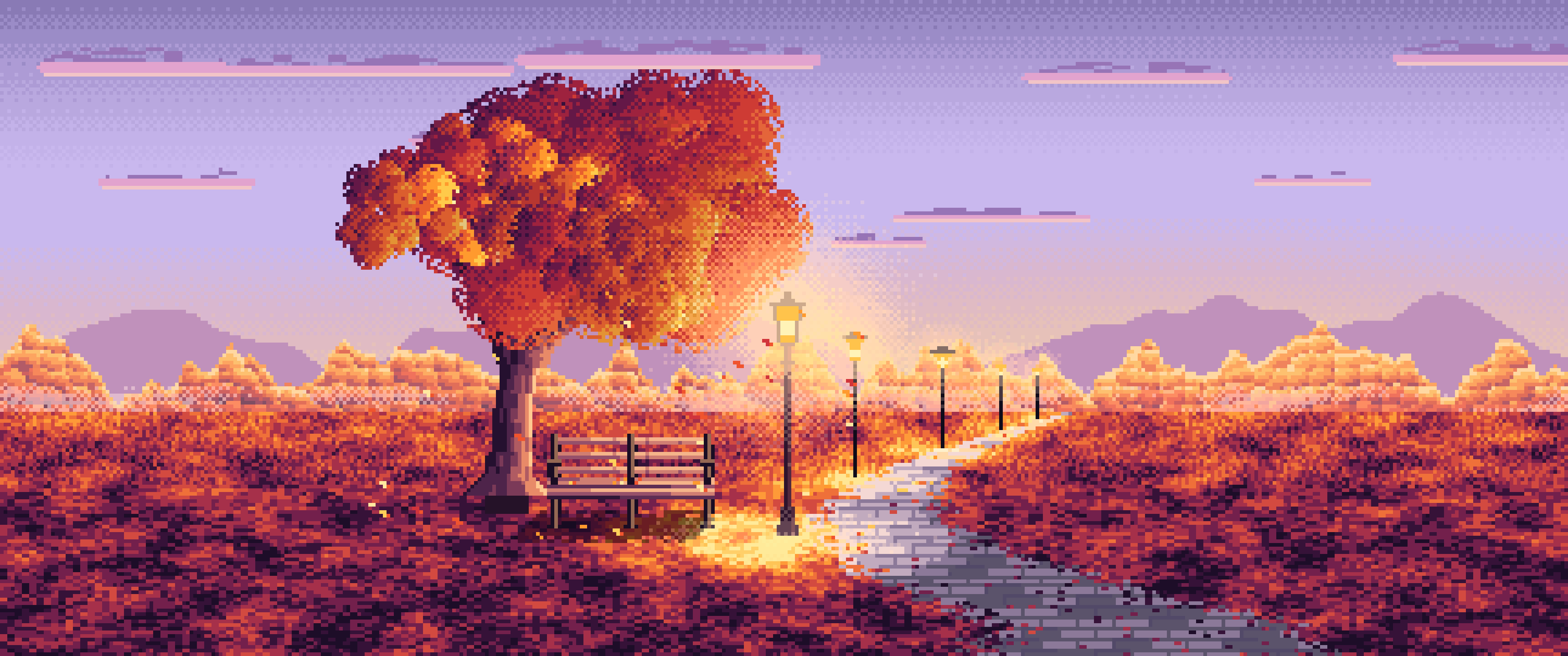 Lavender Pixel Art Fall Park Bench ultrawide wallpaper, 3440 × 1440