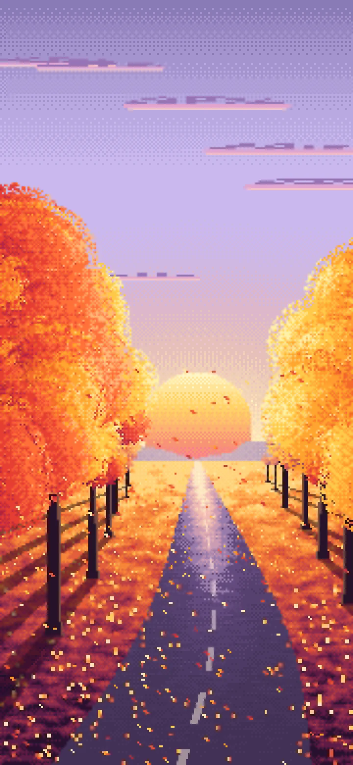 Lavender Pixel Art Fall Road at Sunset wallpaper for iPhone and Android