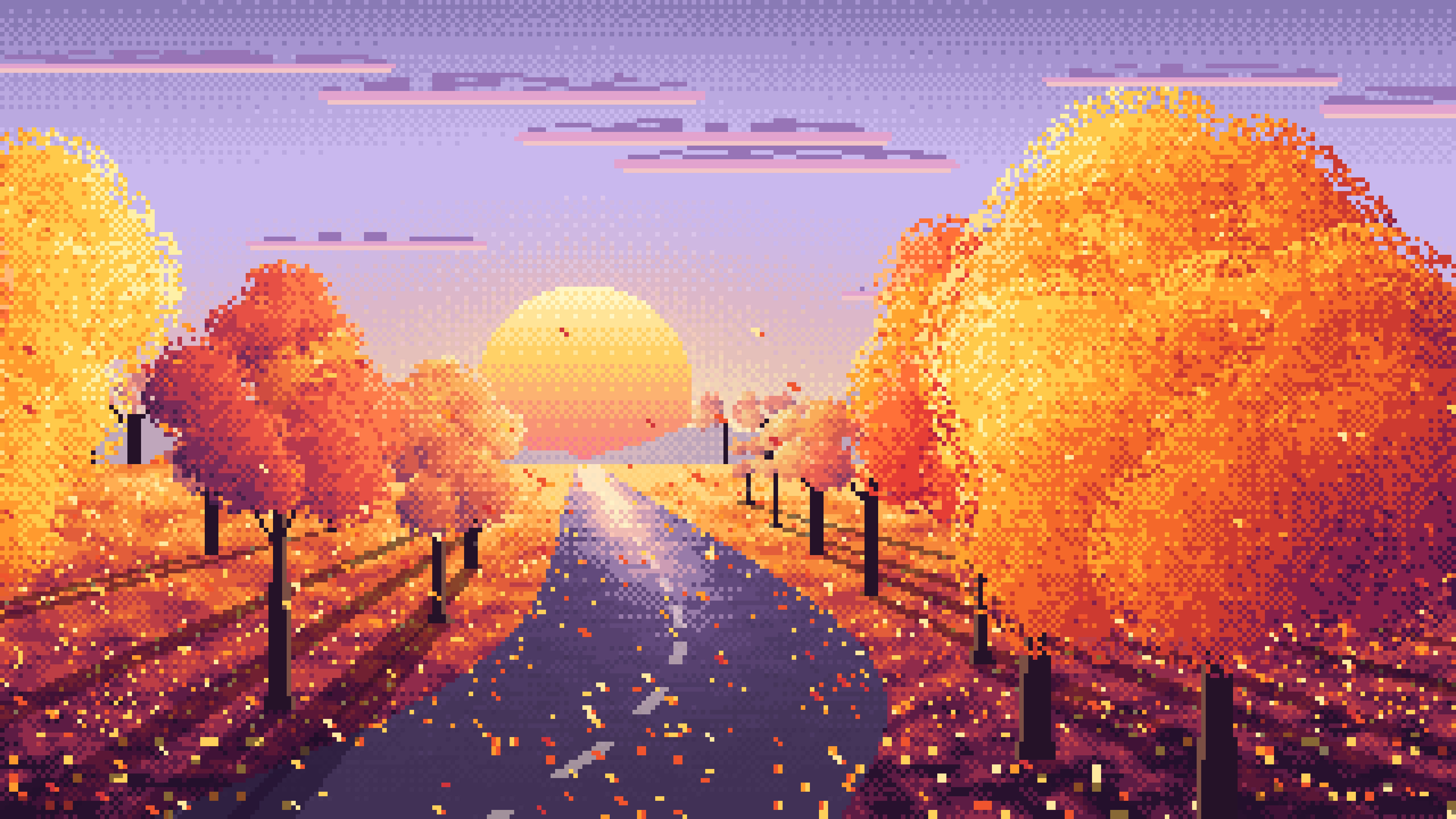 Lavender Pixel Art Fall Road at Sunset desktop wallpaper in 4K