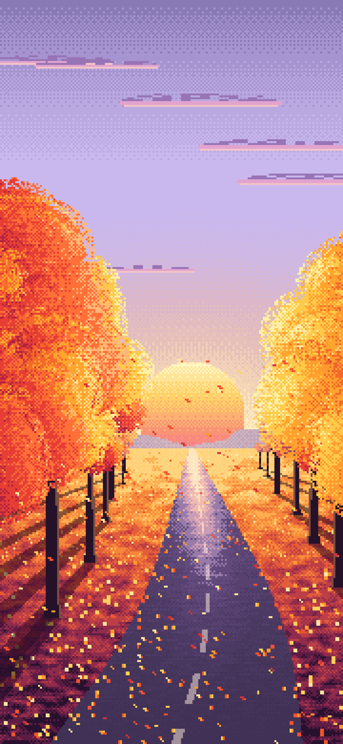 Lavender Pixel Art Fall Road at Sunset wallpaper for iPhone and Android