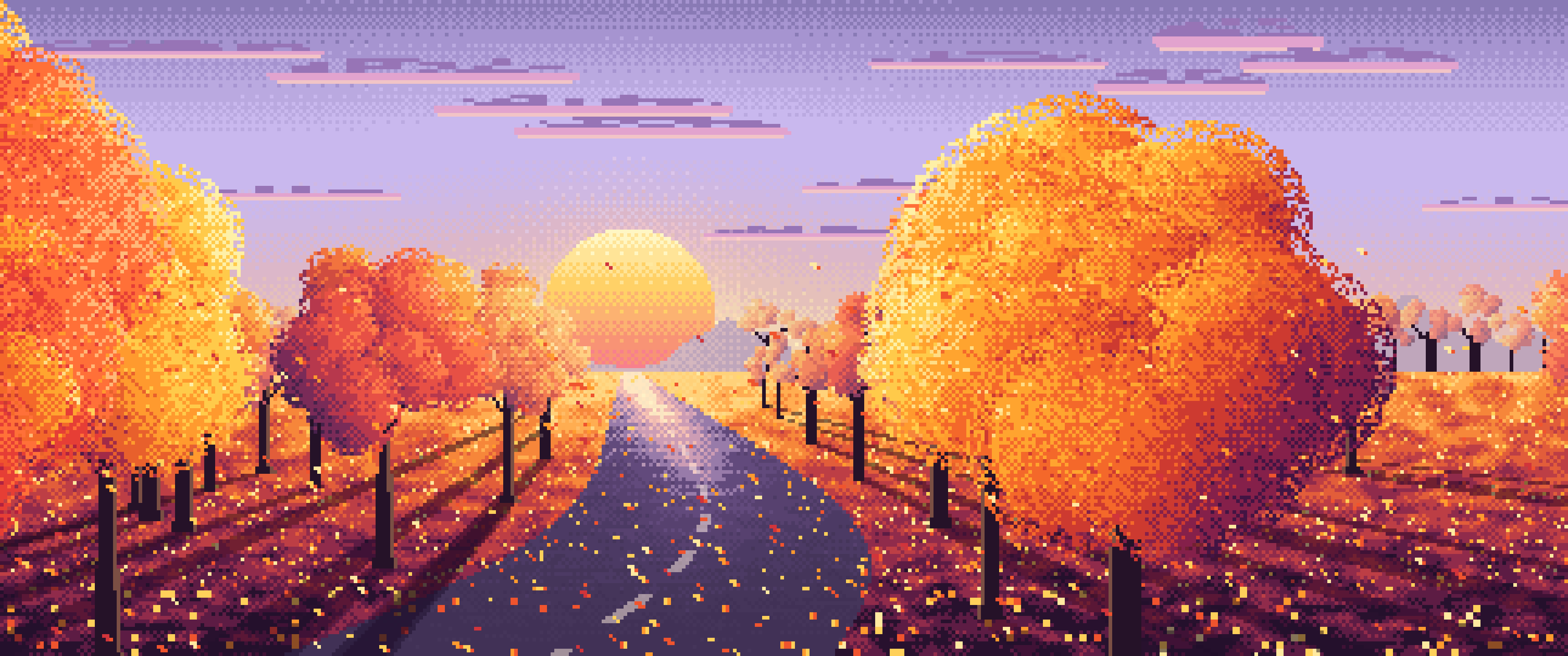 Lavender Pixel Art Fall Road at Sunset ultrawide wallpaper, 3440 × 1440