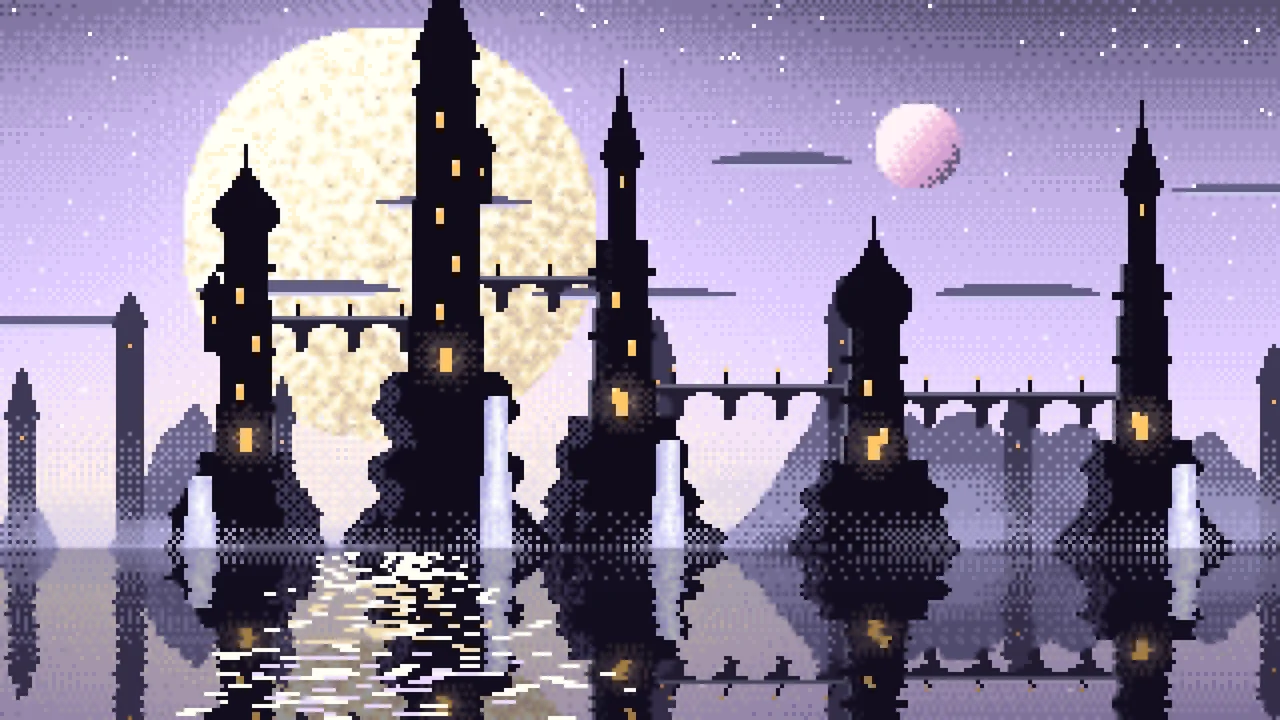 Lavender Pixel Art Fantasy City desktop wallpaper in 4K