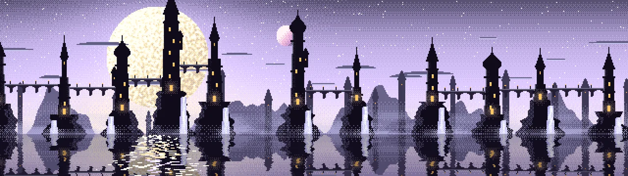 Lavender Pixel Art Fantasy City dual monitor wallpaper, 7680 × 2160