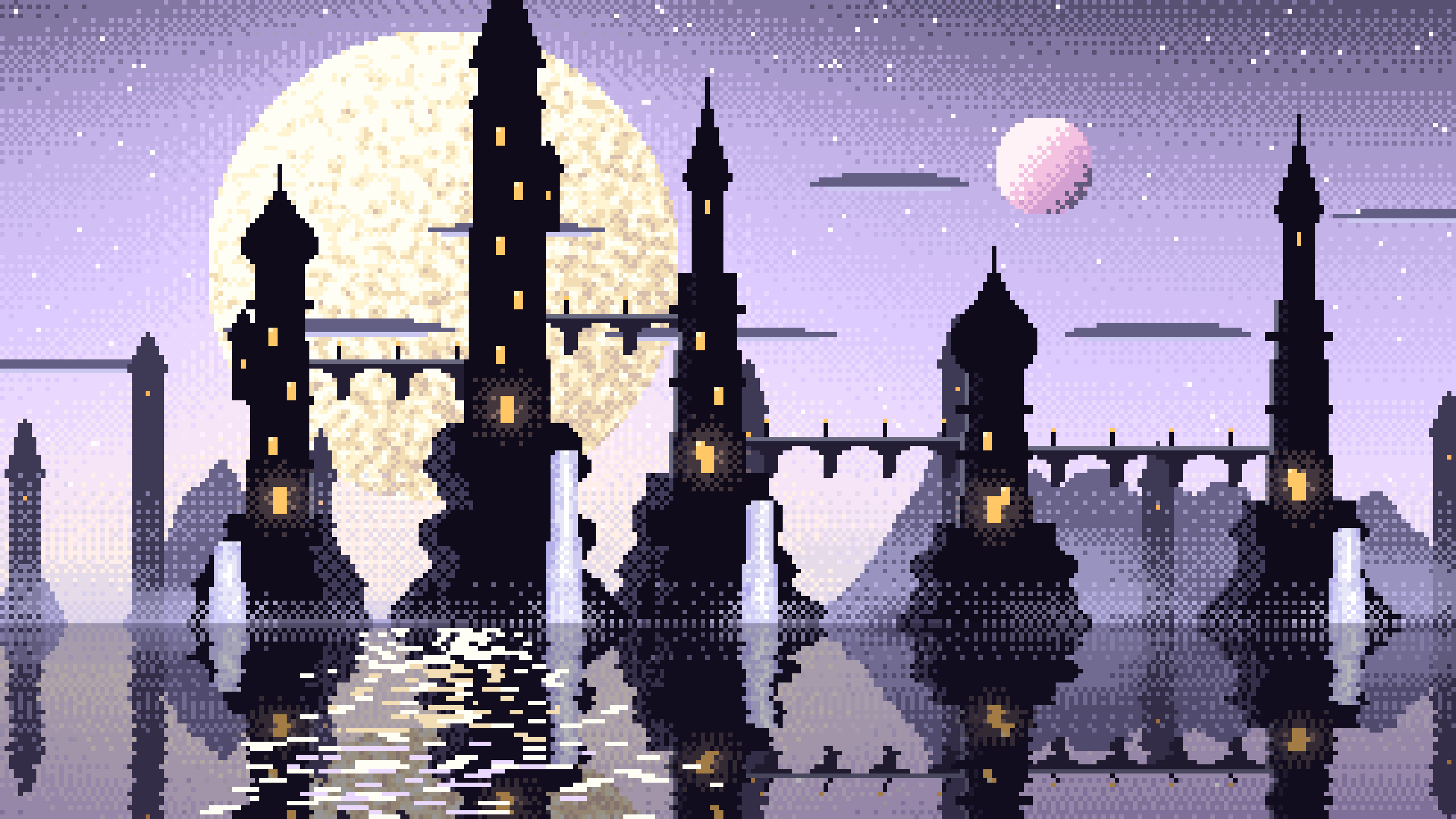 Lavender Pixel Art Fantasy City desktop wallpaper in 4K
