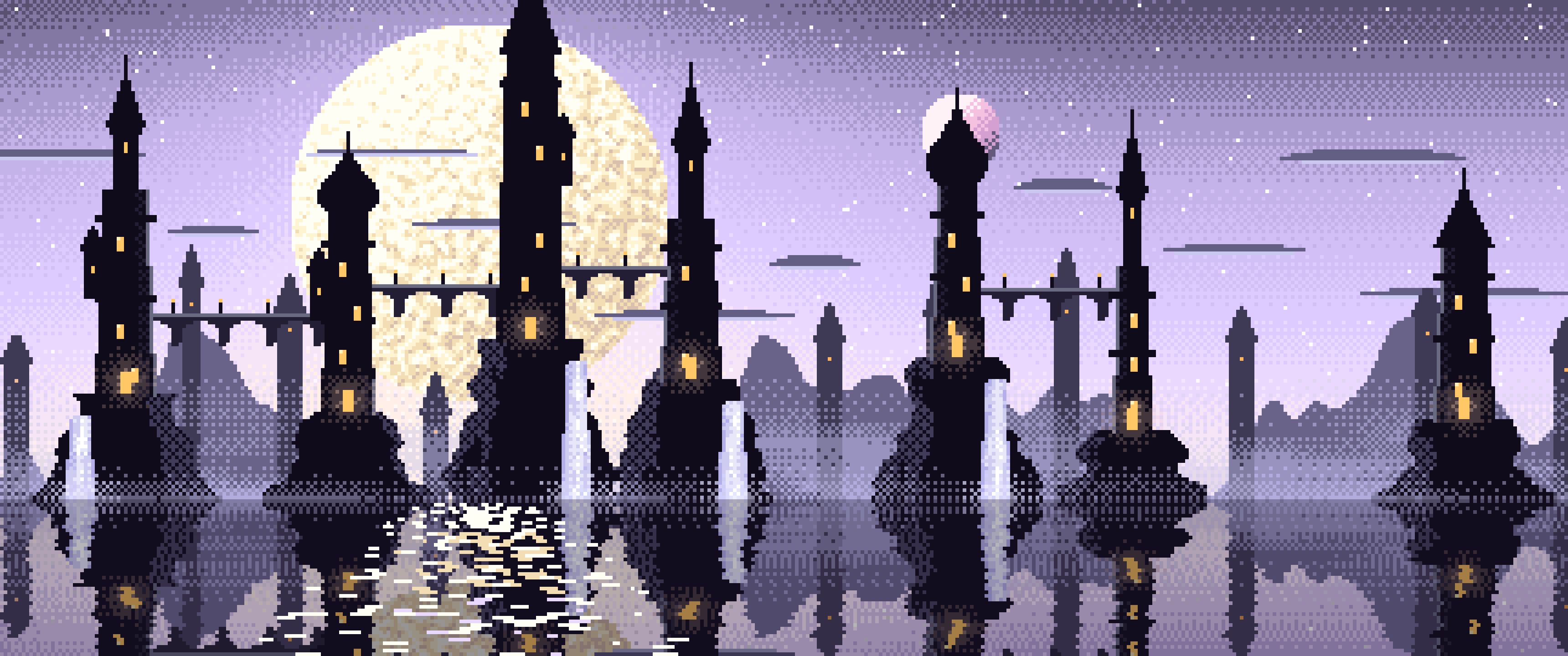 Lavender Pixel Art Fantasy City ultrawide wallpaper, 3440 × 1440
