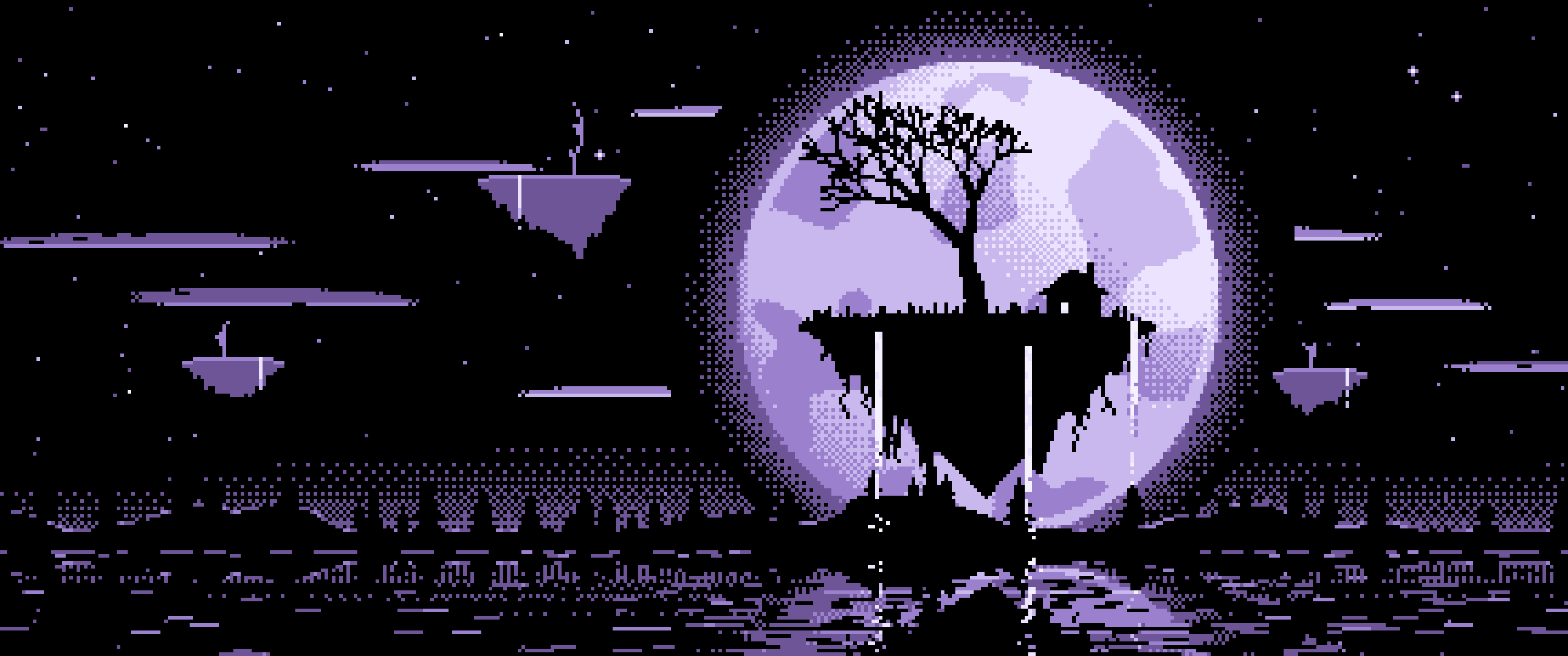 Lavender Pixel Art Fantasy Floating Island and Full Moon ultrawide wallpaper, 3440 × 1440