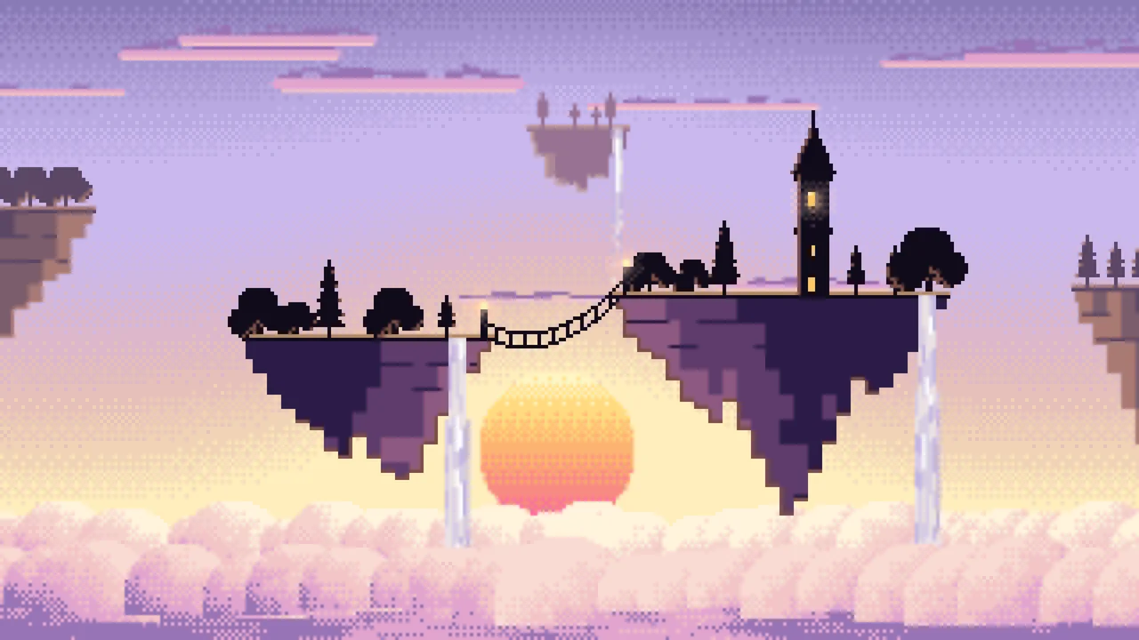 Lavender Pixel Art Fantasy Floating Islands at Sunset desktop wallpaper in 4K