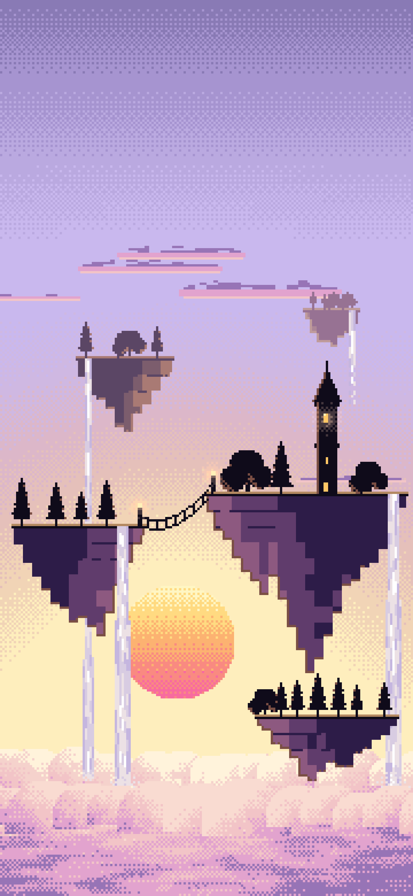 Lavender Pixel Art Fantasy Floating Islands at Sunset wallpaper for iPhone and Android