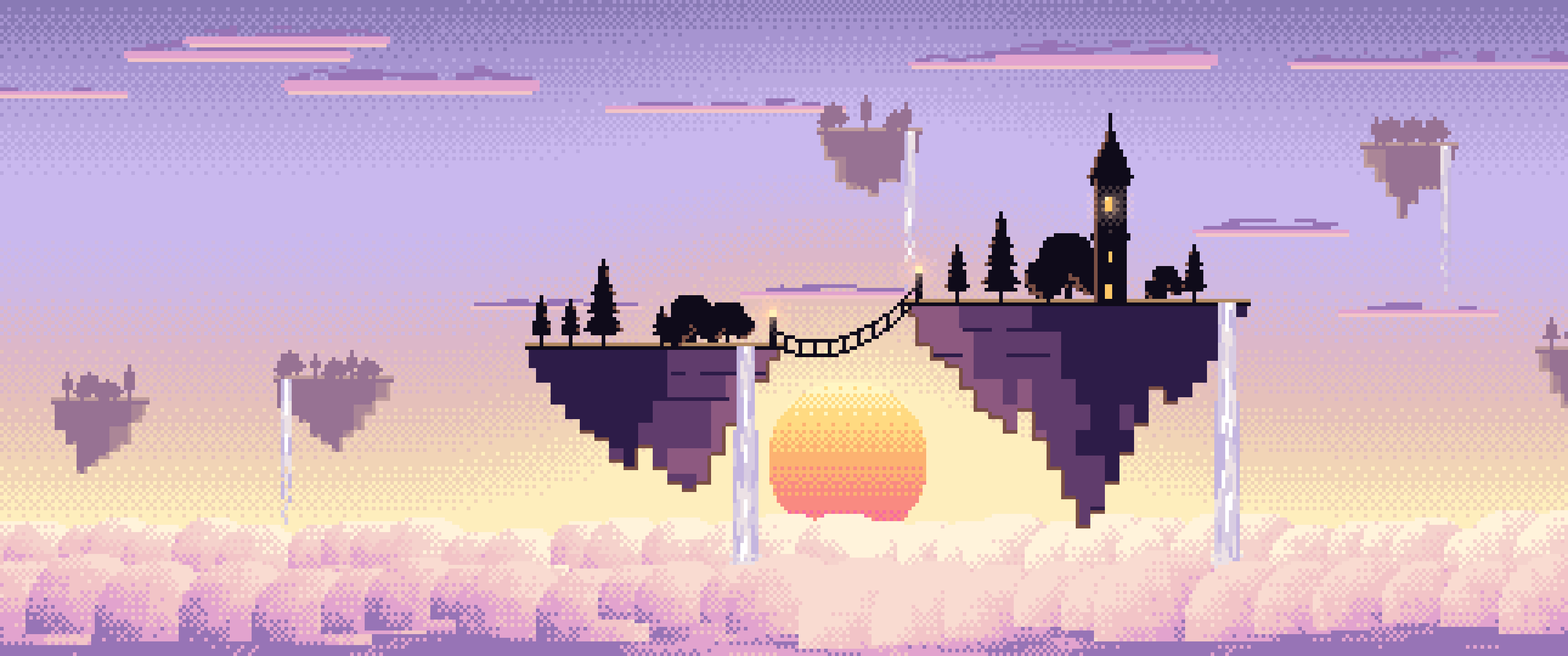 Lavender Pixel Art Fantasy Floating Islands at Sunset ultrawide wallpaper, 3440 × 1440
