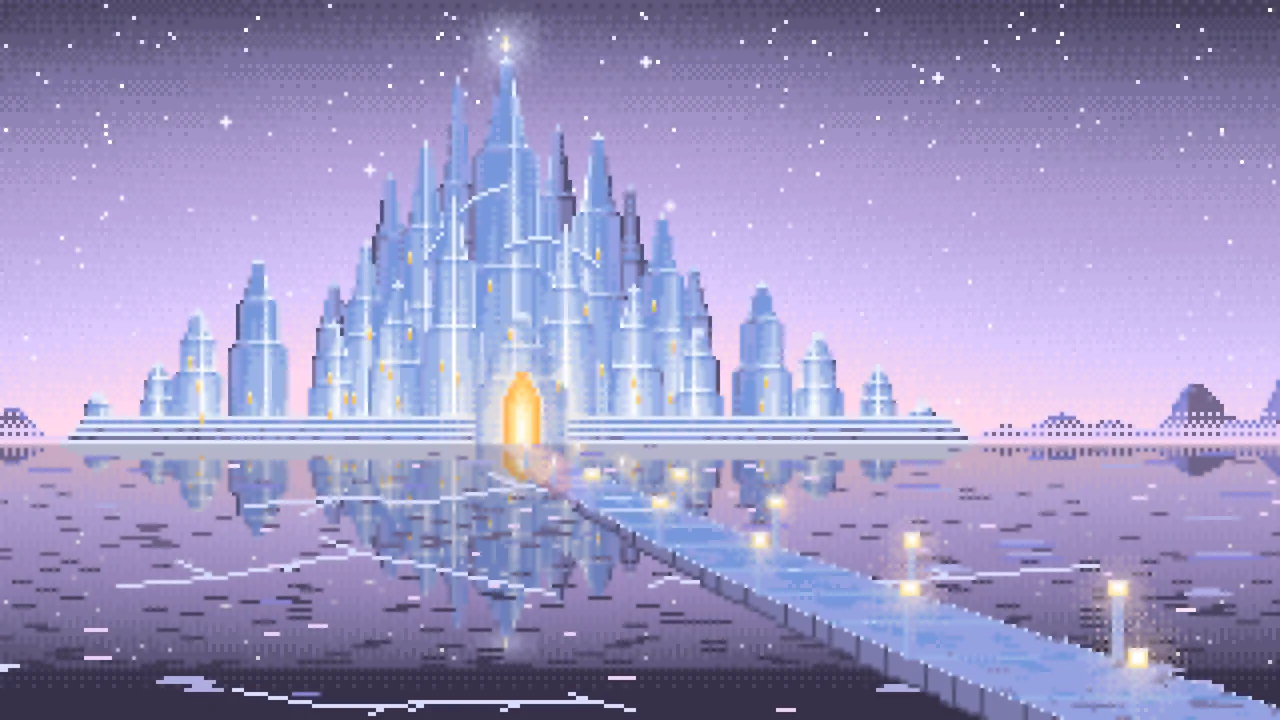 Lavender Pixel Art Fantasy Ice Palace desktop wallpaper in 4K