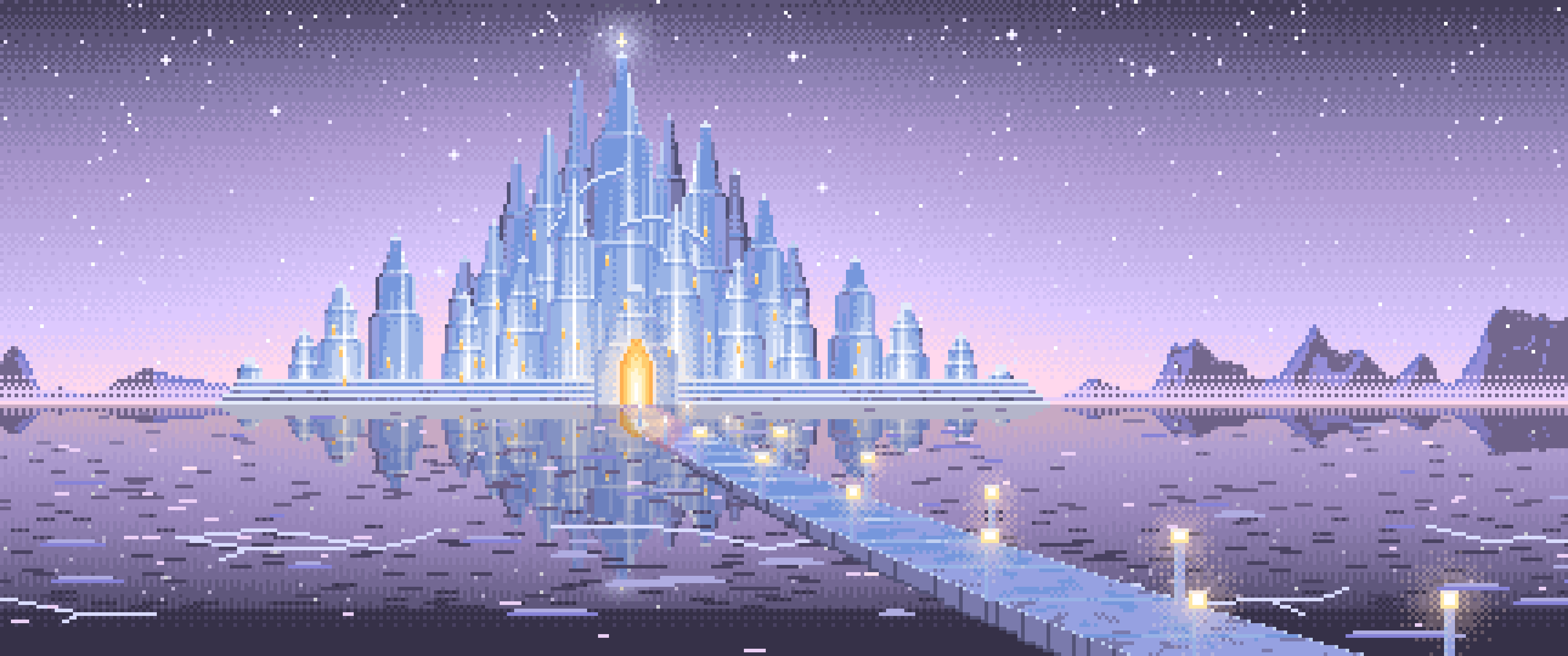 Lavender Pixel Art Fantasy Ice Palace ultrawide wallpaper, 3440 × 1440