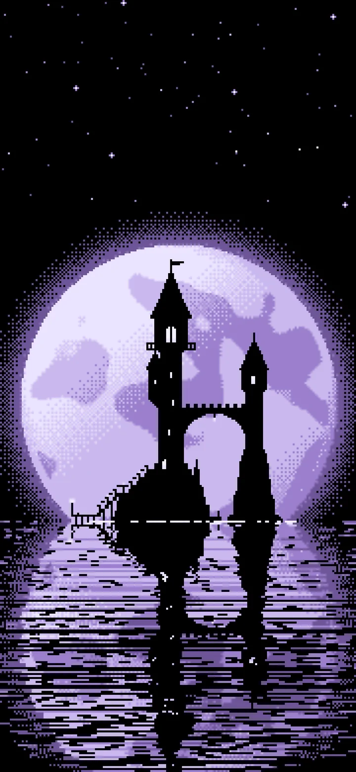 Lavender Pixel Art Fantasy Wizard Tower and Full Moon wallpaper for iPhone and Android