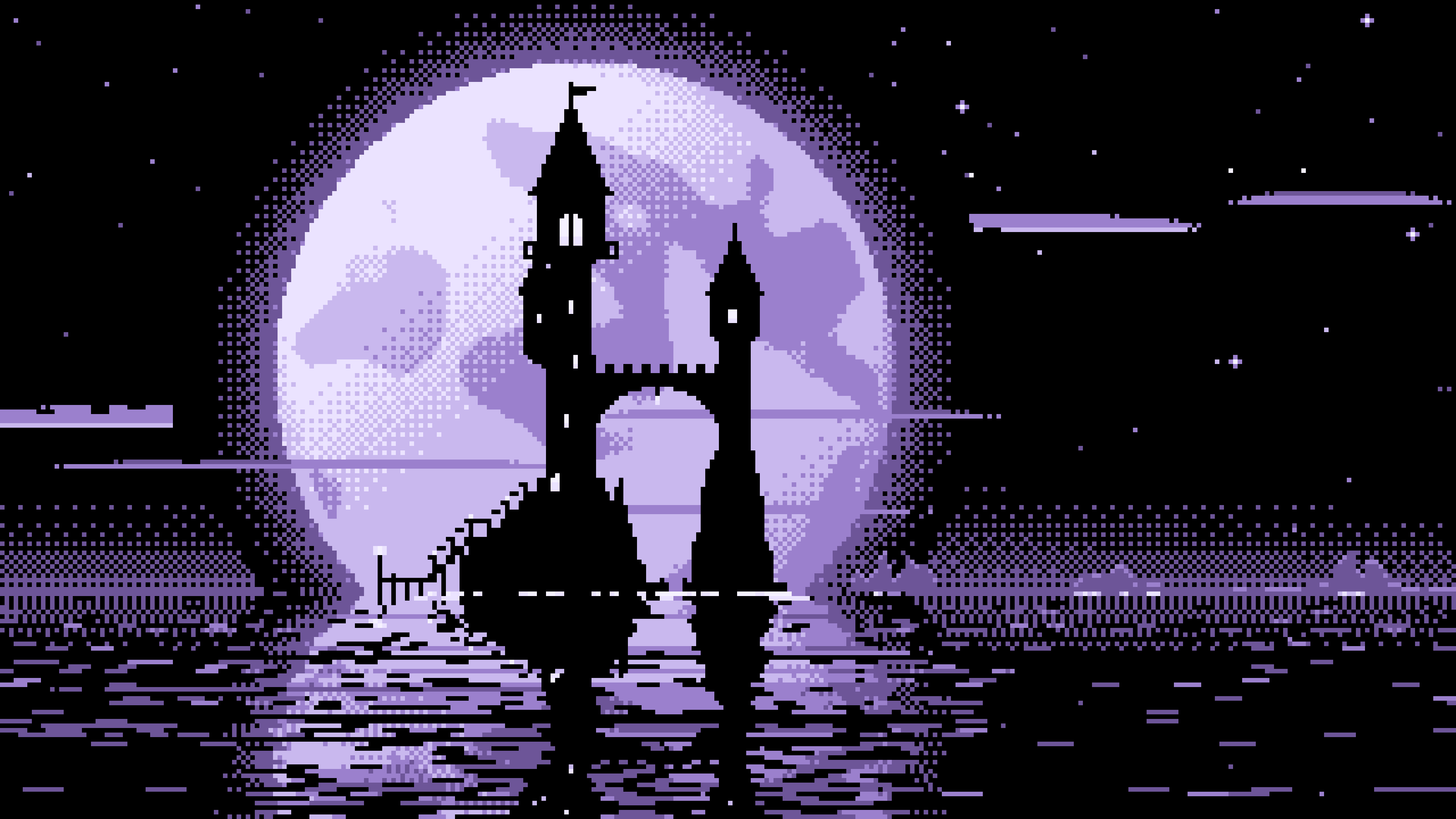 Lavender Pixel Art Fantasy Wizard Tower and Full Moon desktop wallpaper in 4K