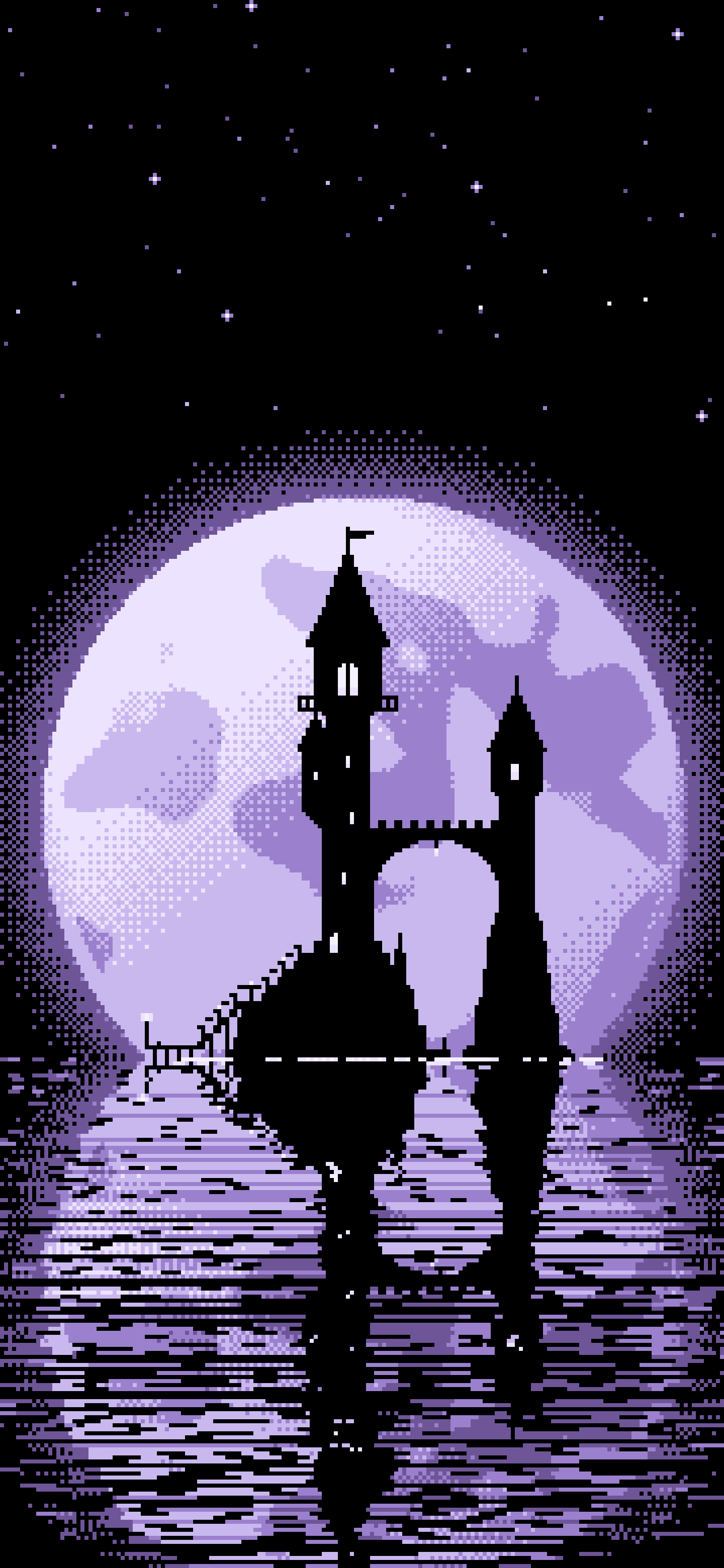 Lavender Pixel Art Fantasy Wizard Tower and Full Moon wallpaper for iPhone and Android