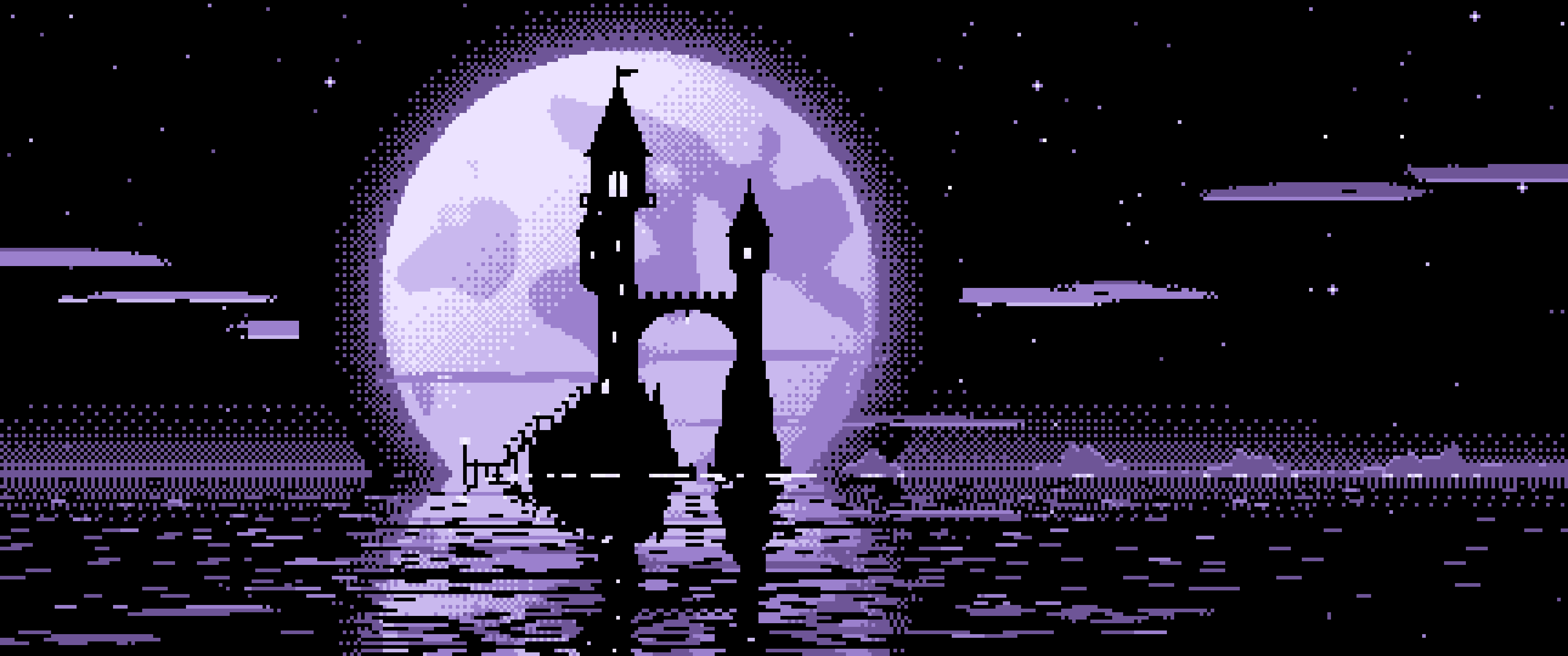 Lavender Pixel Art Fantasy Wizard Tower and Full Moon ultrawide wallpaper, 3440 × 1440
